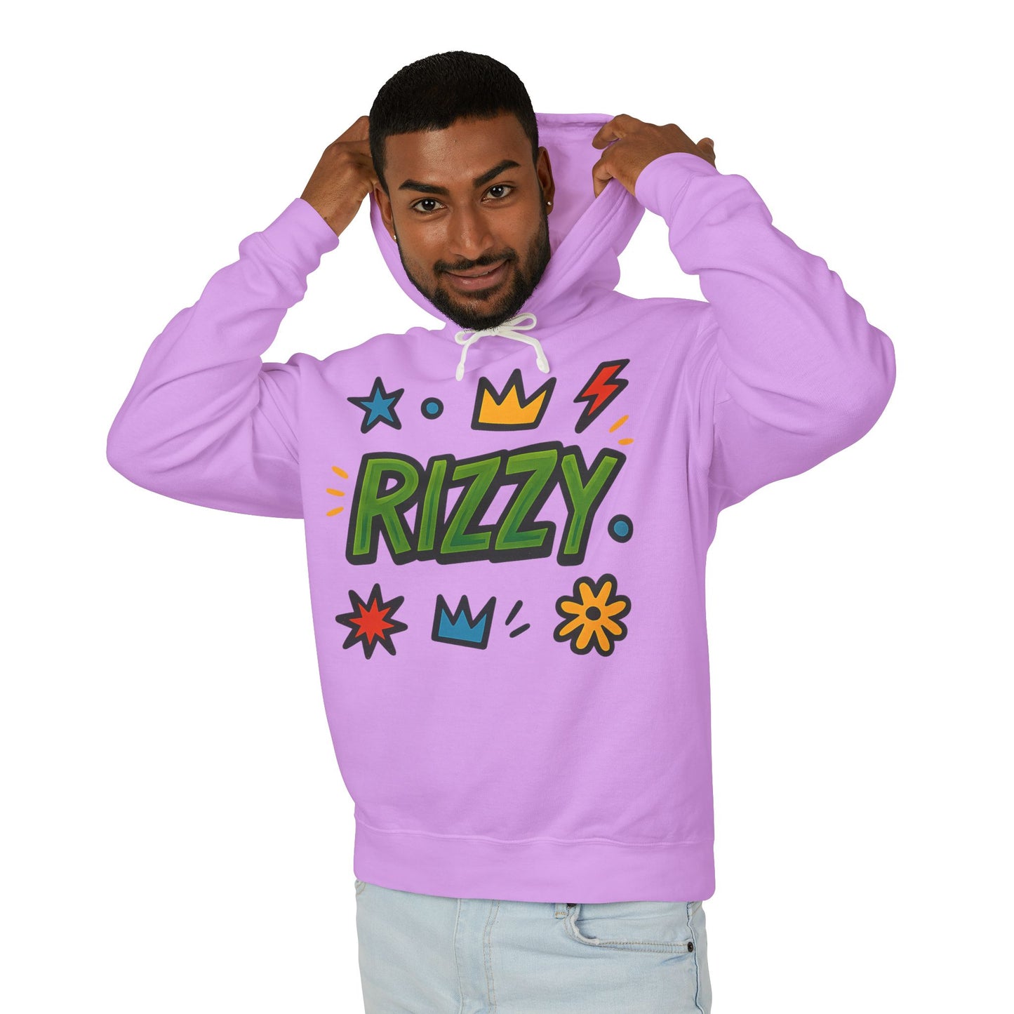Rizzy Cartoon Graphic Hoodie — Playful Crown & Stars Pullover
