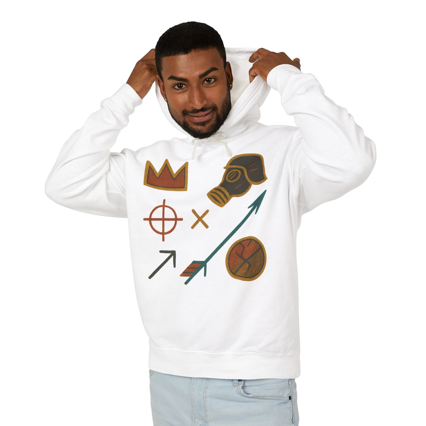 Adventure Emblems Hoodie — Tribal Crown, Gas Mask & Arrow Graphic Sweatshirt
