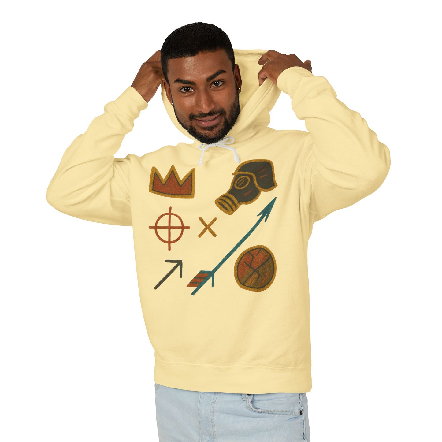 Adventure Emblems Hoodie — Tribal Crown, Gas Mask & Arrow Graphic Sweatshirt