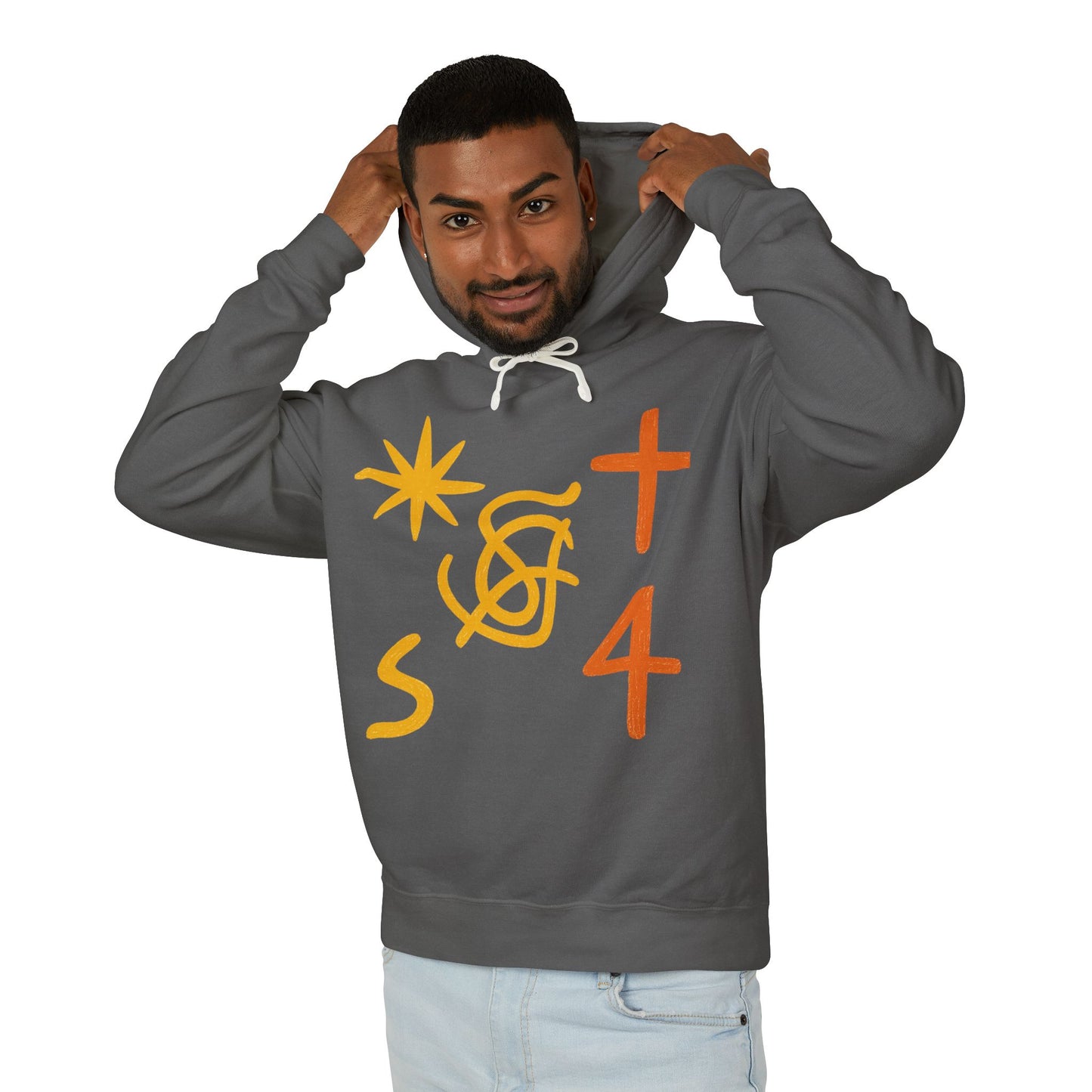 Abstract Symbols Hoodie — Minimalist Sun, Cross & '4' Graphic Lightweight Hooded Sweatshirt