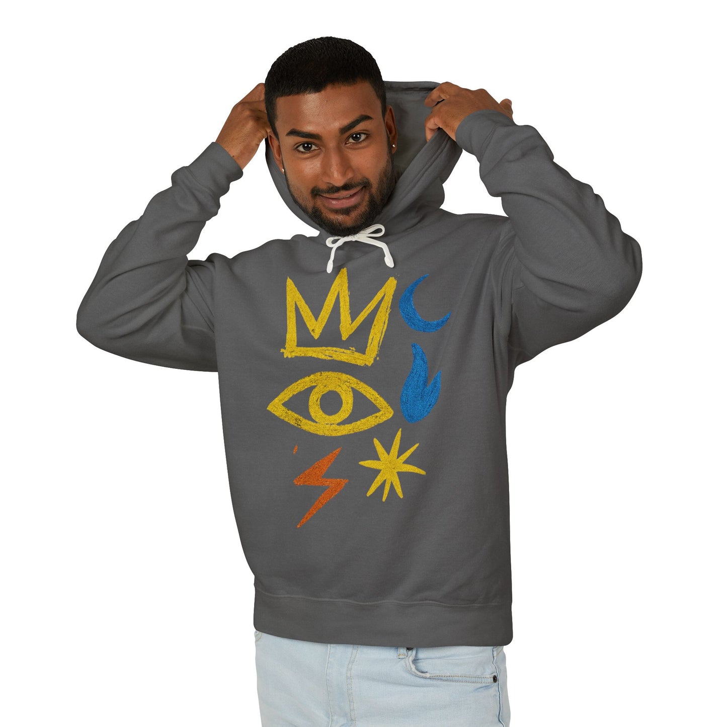 Mystic Symbols Hoodie — Crown, Eye & Celestial Icons Lightweight Pullover