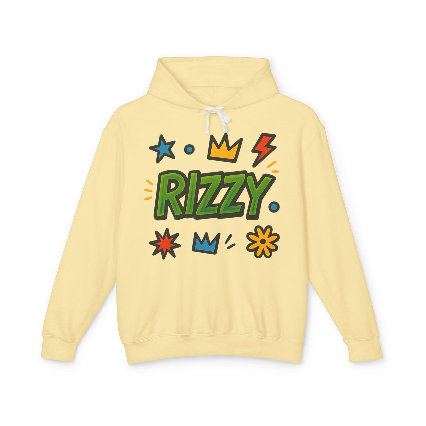 Rizzy Cartoon Graphic Hoodie — Playful Crown & Stars Pullover