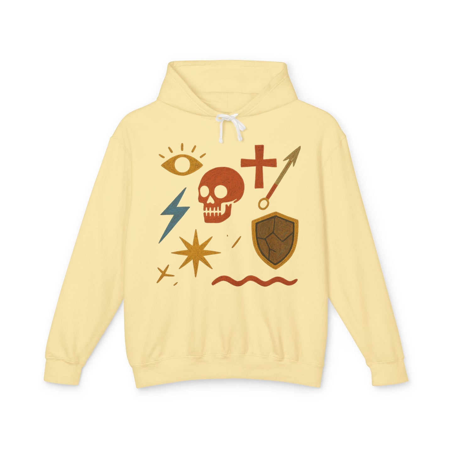Mystic Adventure Hoodie — Skull, Shield & Symbol Graphic Pullover