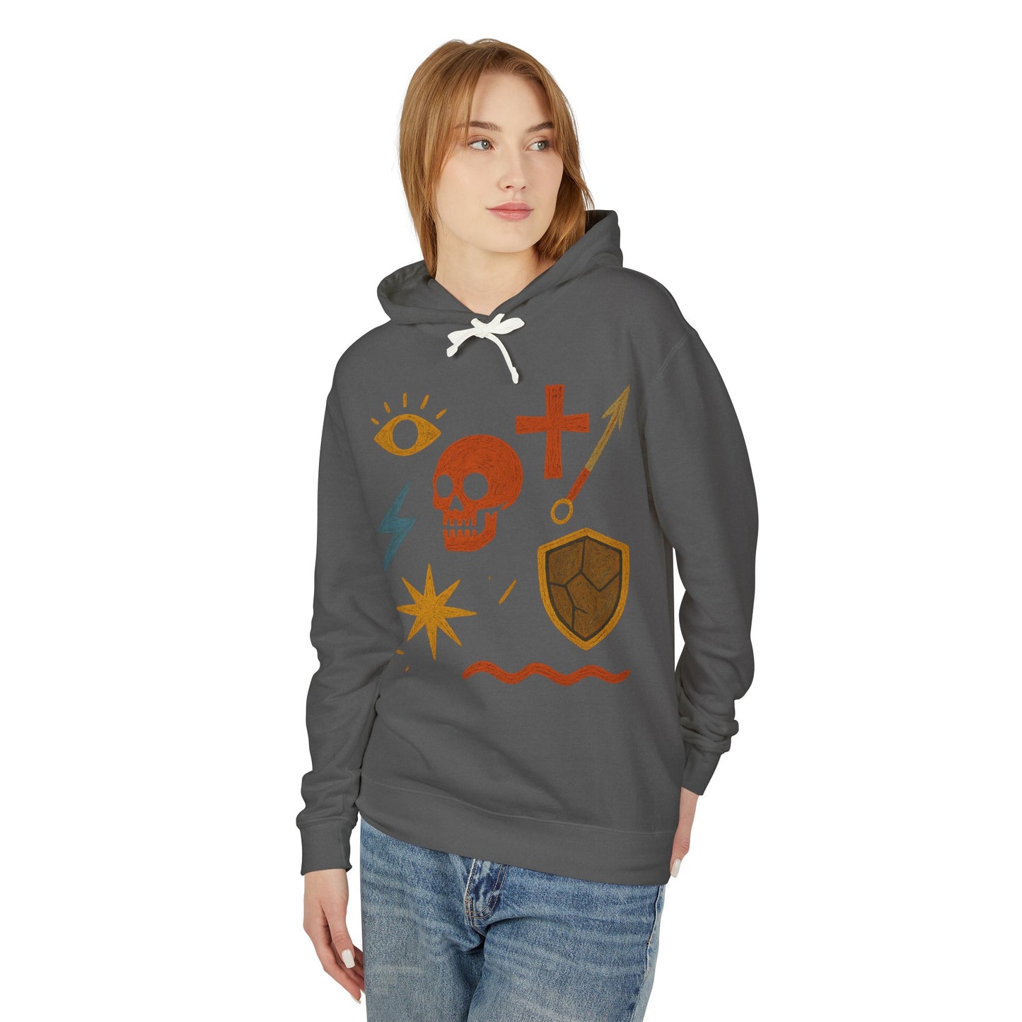 Mystic Adventure Hoodie — Skull, Shield & Symbol Graphic Pullover
