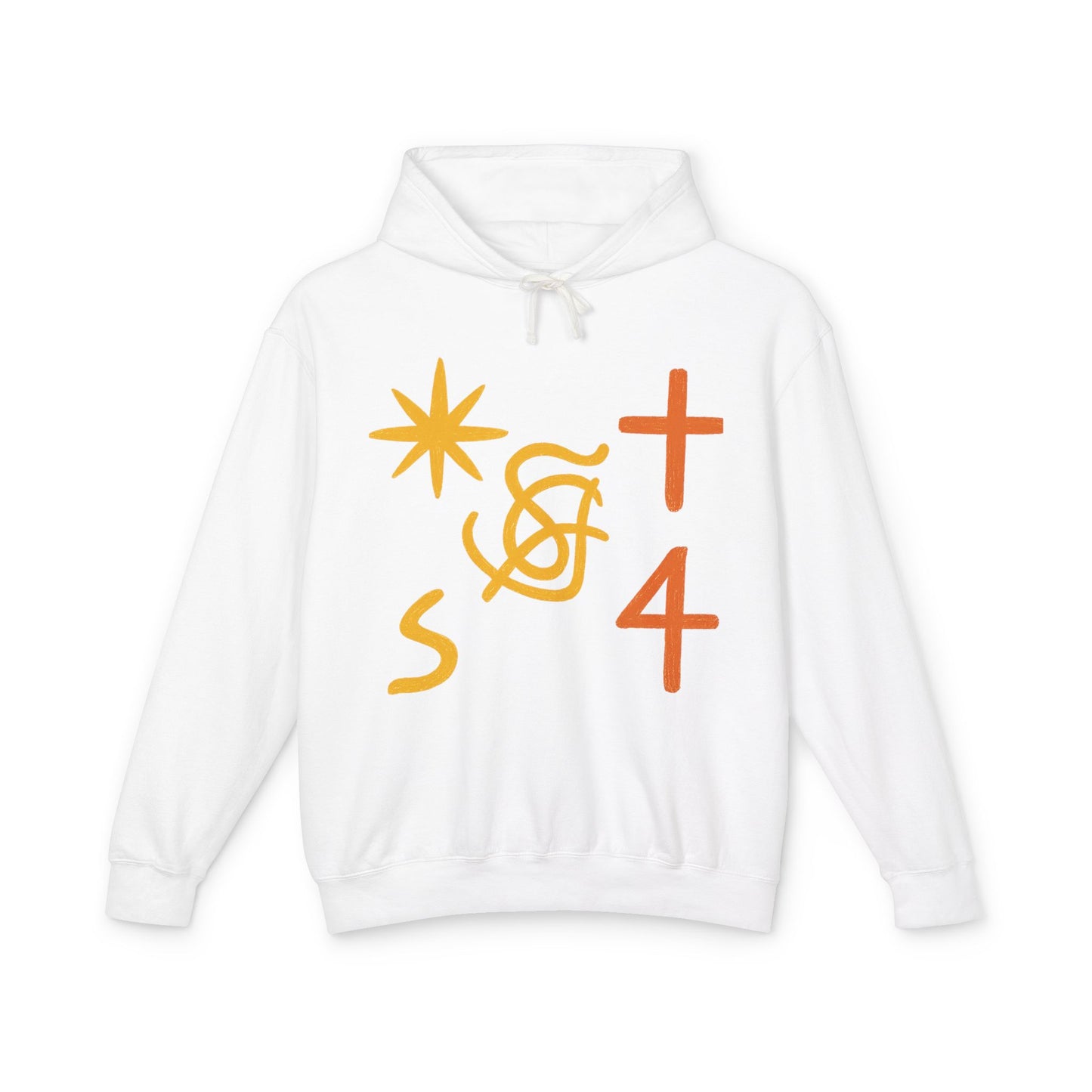 Abstract Symbols Hoodie — Minimalist Sun, Cross & '4' Graphic Lightweight Hooded Sweatshirt