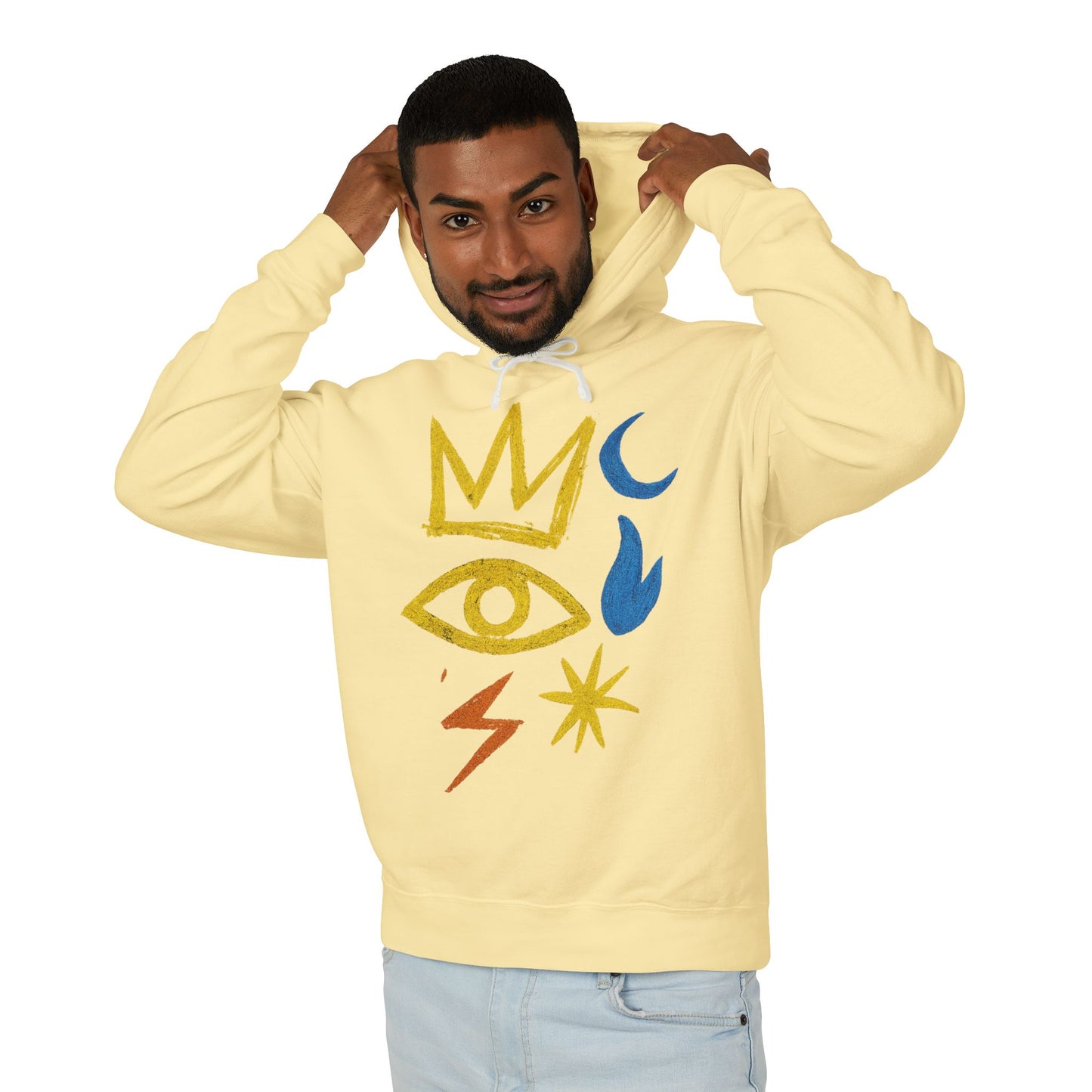 Mystic Symbols Hoodie — Crown, Eye & Celestial Icons Lightweight Pullover