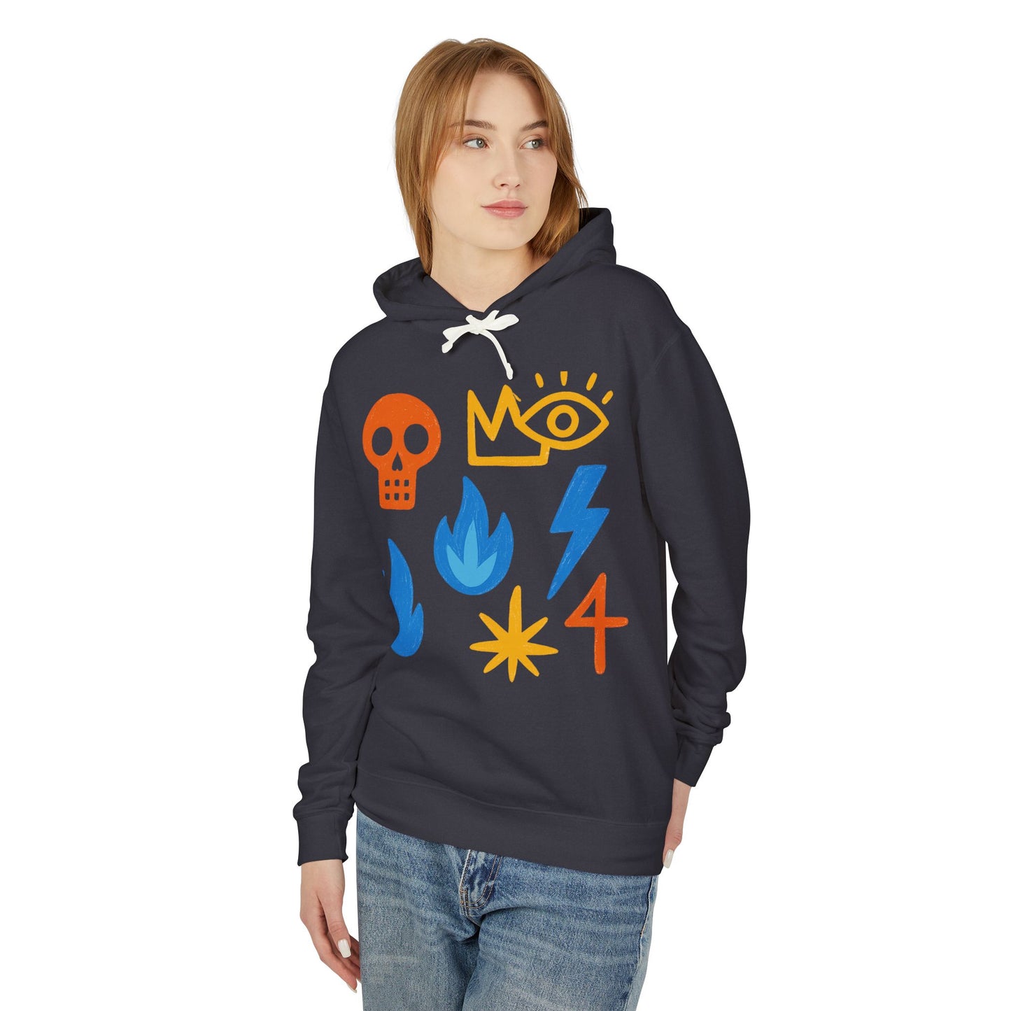 Symbol Icons Hoodie — Abstract Skull, Flame & Lightning Graphic Pullover