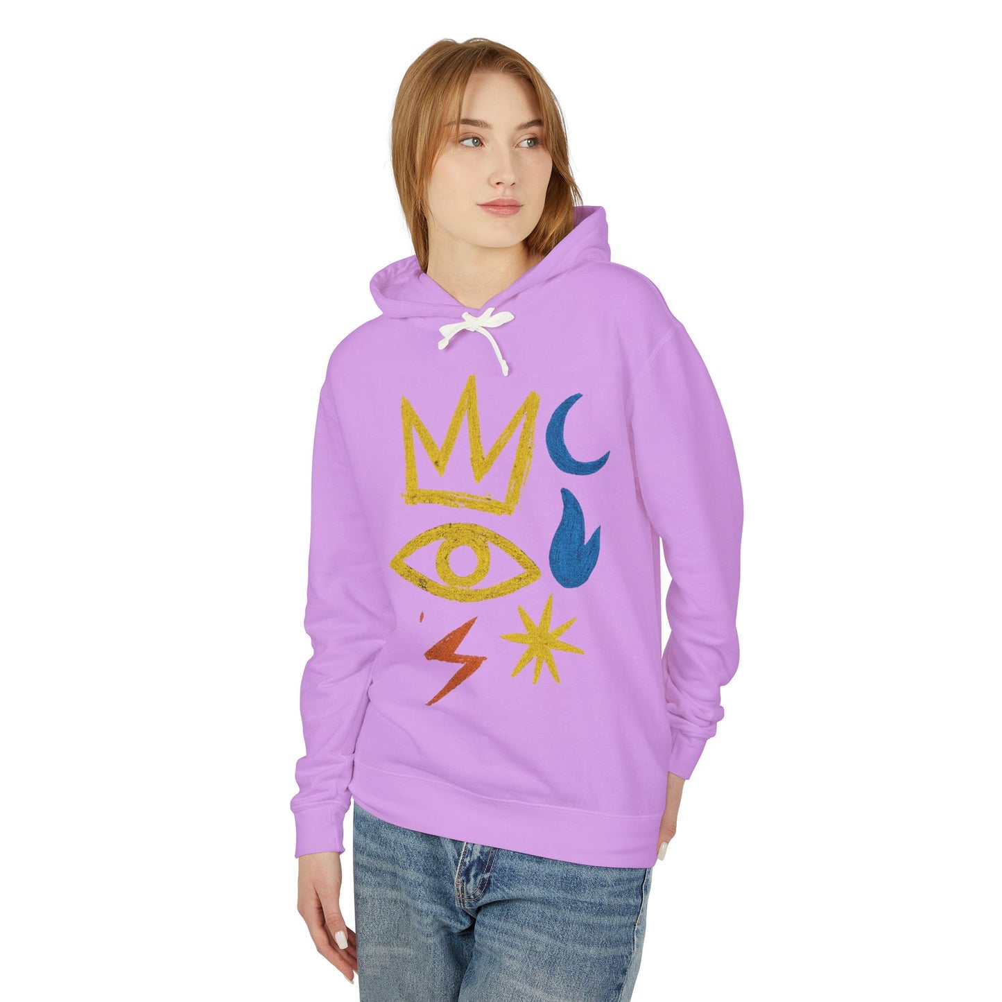 Mystic Symbols Hoodie — Crown, Eye & Celestial Icons Lightweight Pullover