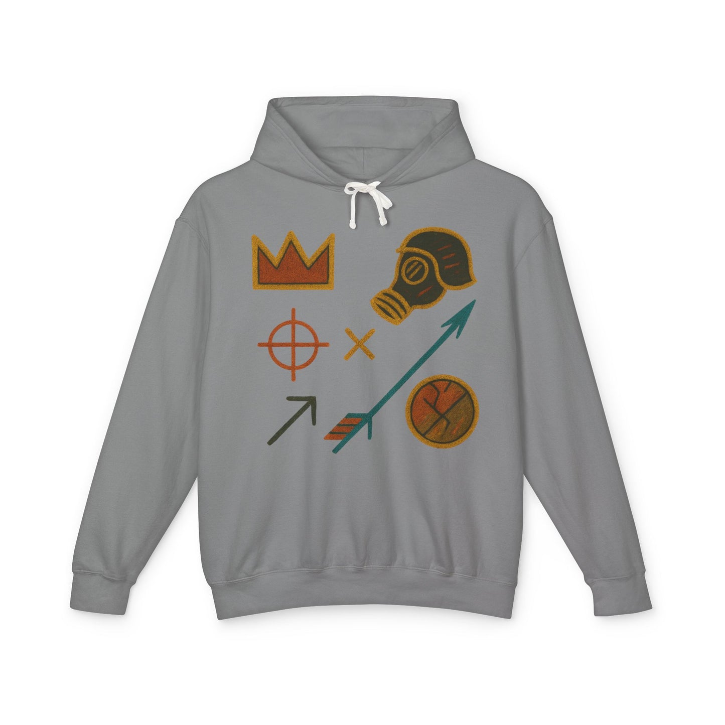 Adventure Emblems Hoodie — Tribal Crown, Gas Mask & Arrow Graphic Sweatshirt