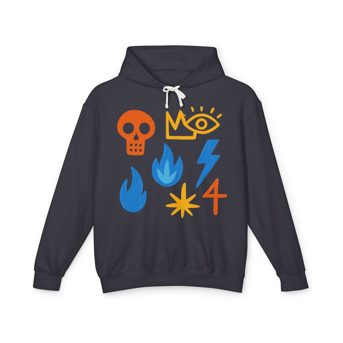 Symbol Icons Hoodie — Abstract Skull, Flame & Lightning Graphic Pullover