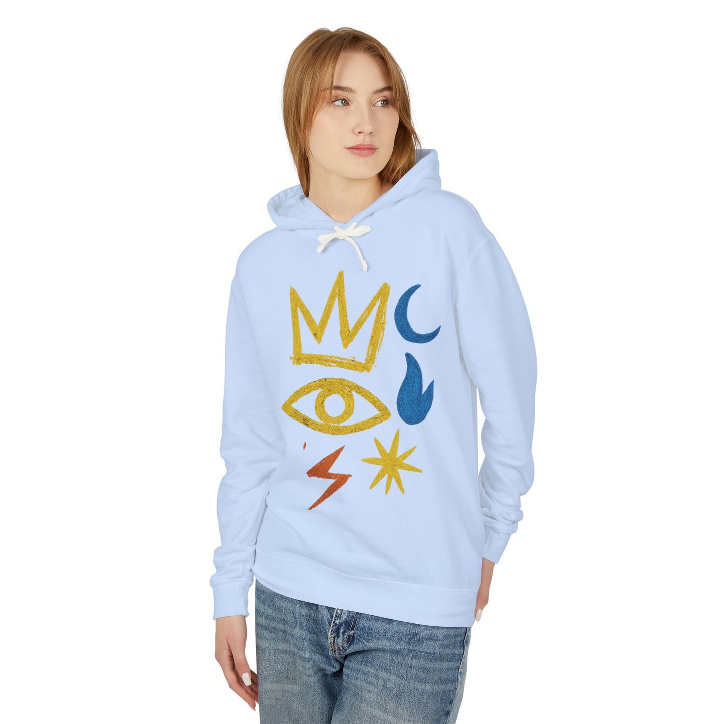 Mystic Symbols Hoodie — Crown, Eye & Celestial Icons Lightweight Pullover