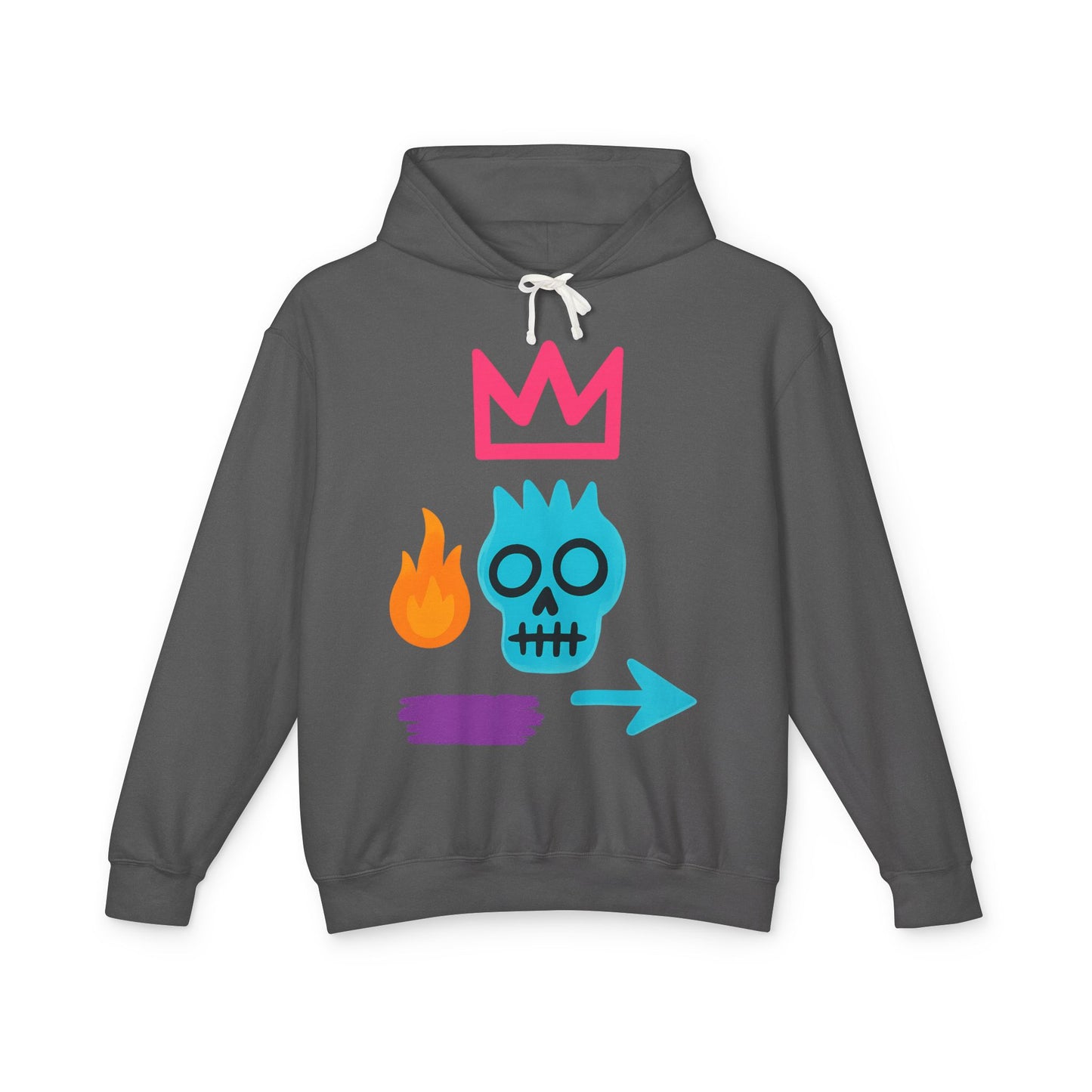 Street Art Skull Hoodie — Retro Neon Graphic Crown & Flame Pullover