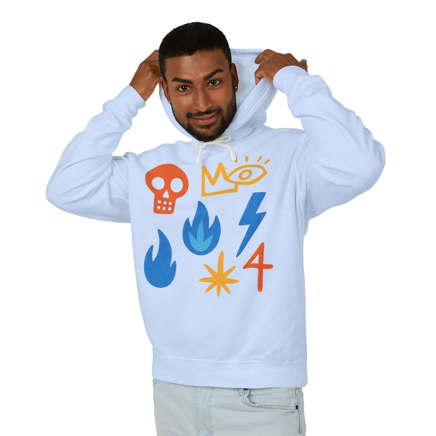Symbol Icons Hoodie — Abstract Skull, Flame & Lightning Graphic Pullover