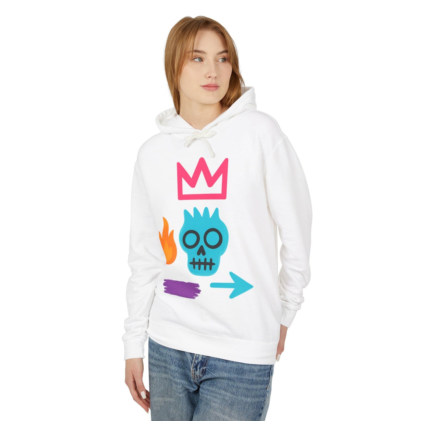 Street Art Skull Hoodie — Retro Neon Graphic Crown & Flame Pullover