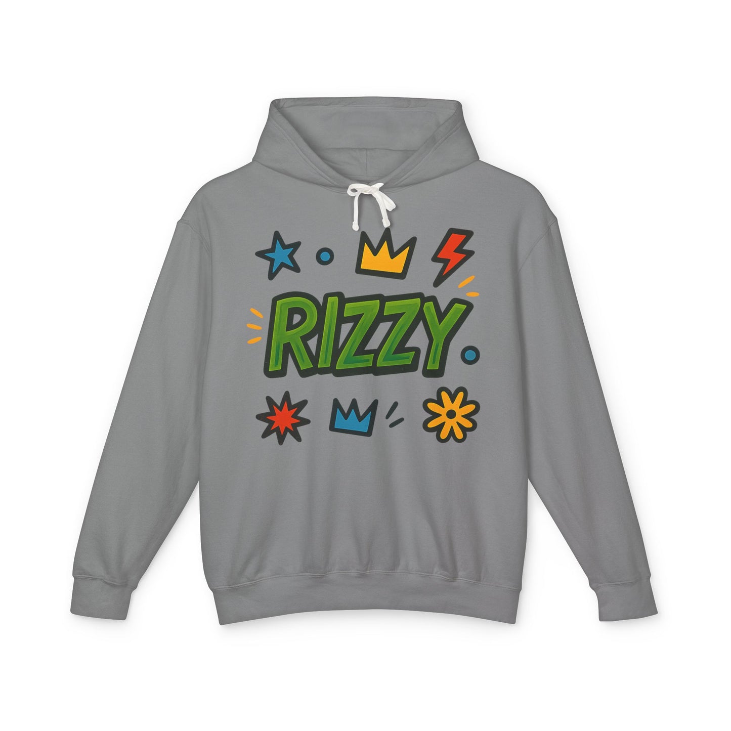 Rizzy Cartoon Graphic Hoodie — Playful Crown & Stars Pullover