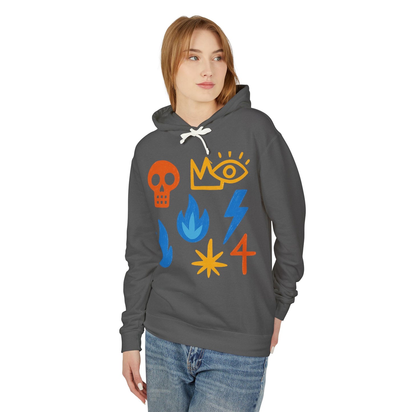 Symbol Icons Hoodie — Abstract Skull, Flame & Lightning Graphic Pullover