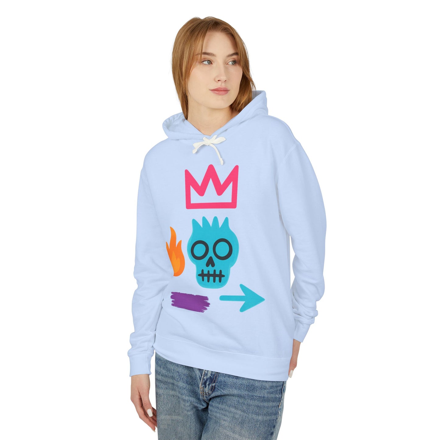Street Art Skull Hoodie — Retro Neon Graphic Crown & Flame Pullover