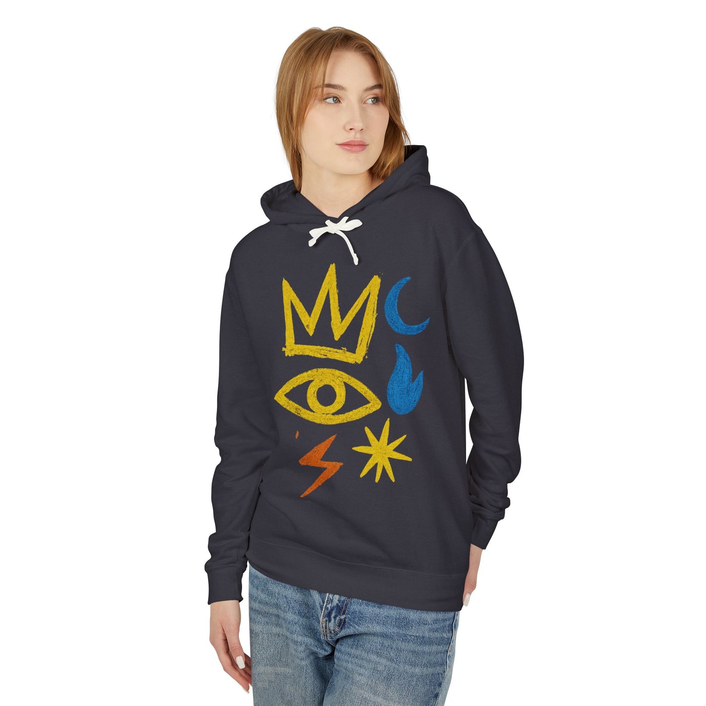 Mystic Symbols Hoodie — Crown, Eye & Celestial Icons Lightweight Pullover