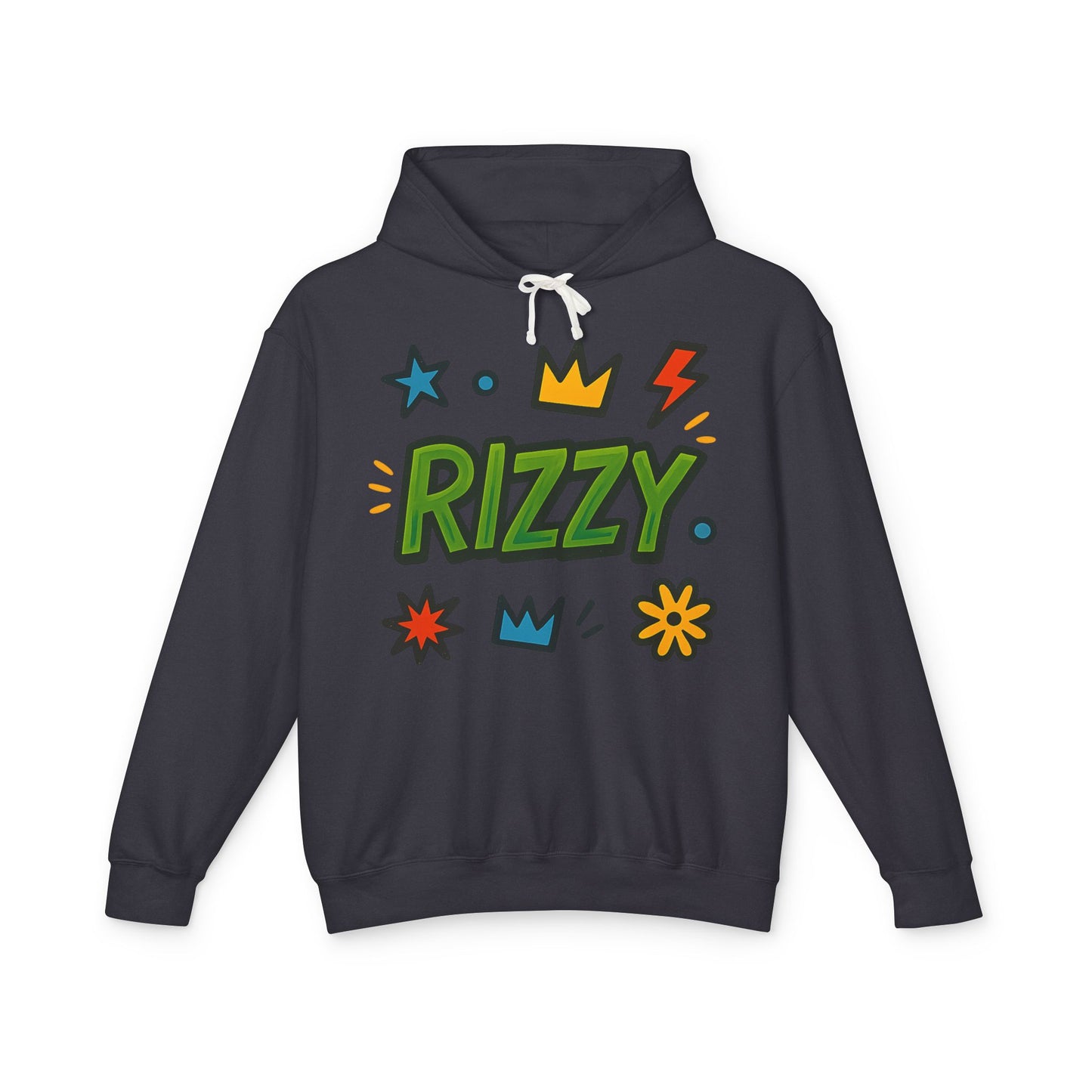 Rizzy Cartoon Graphic Hoodie — Playful Crown & Stars Pullover