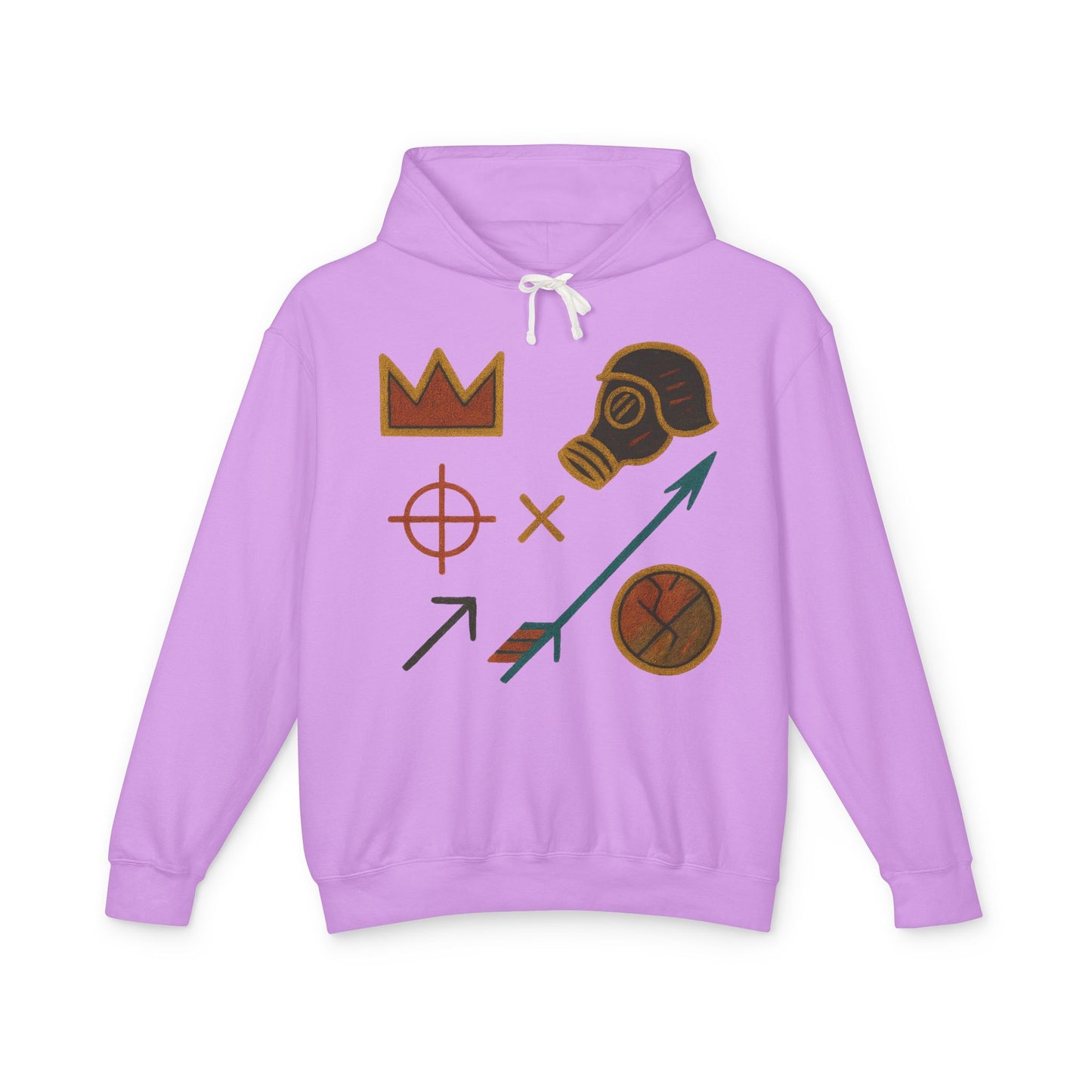 Adventure Emblems Hoodie — Tribal Crown, Gas Mask & Arrow Graphic Sweatshirt