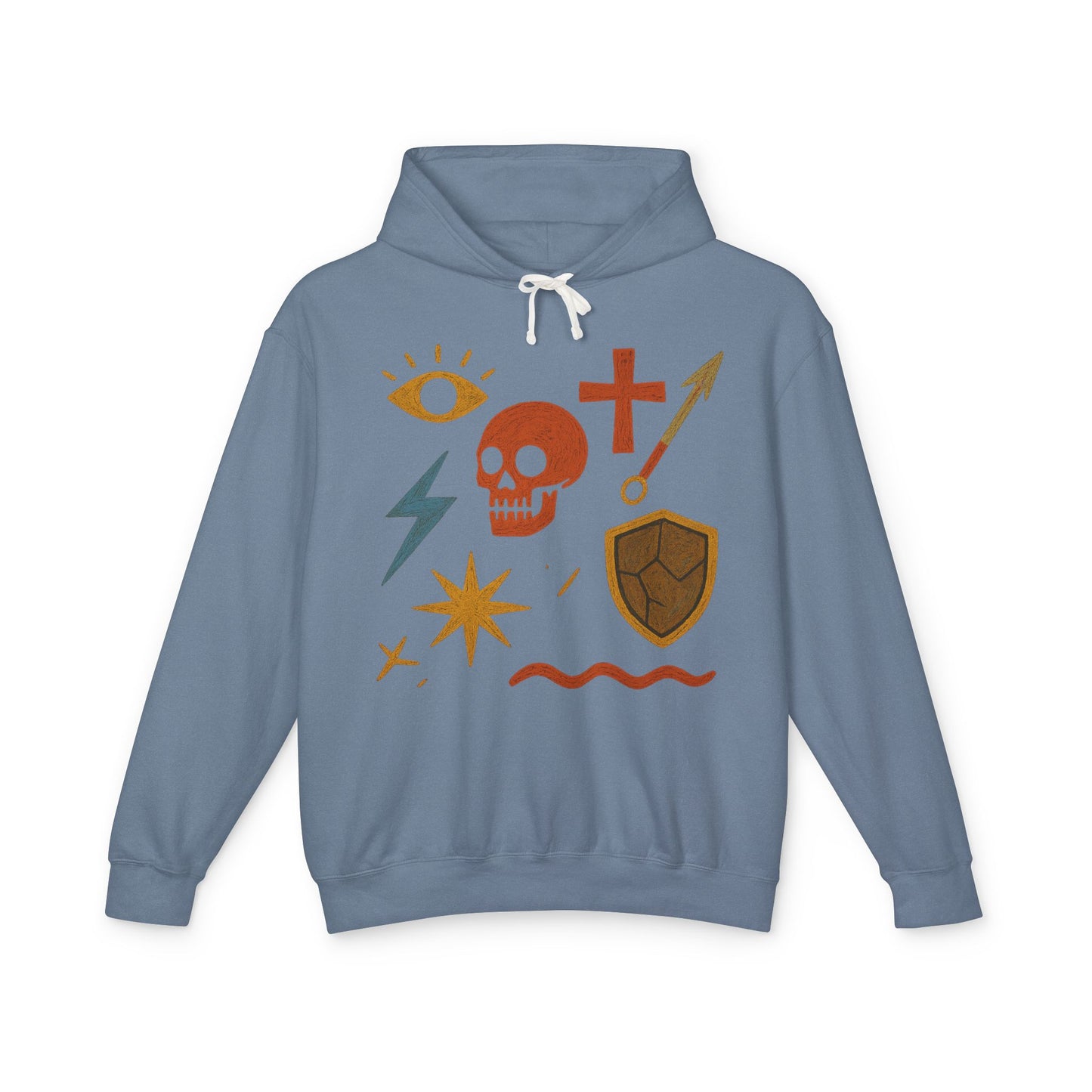 Mystic Adventure Hoodie — Skull, Shield & Symbol Graphic Pullover