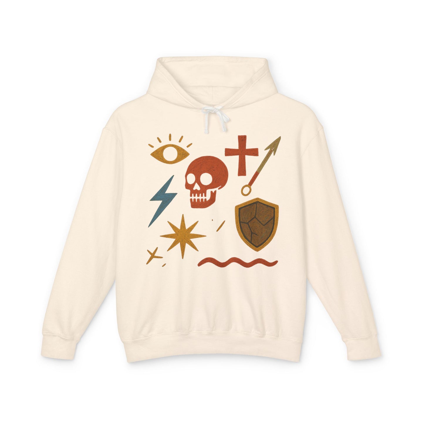 Mystic Adventure Hoodie — Skull, Shield & Symbol Graphic Pullover