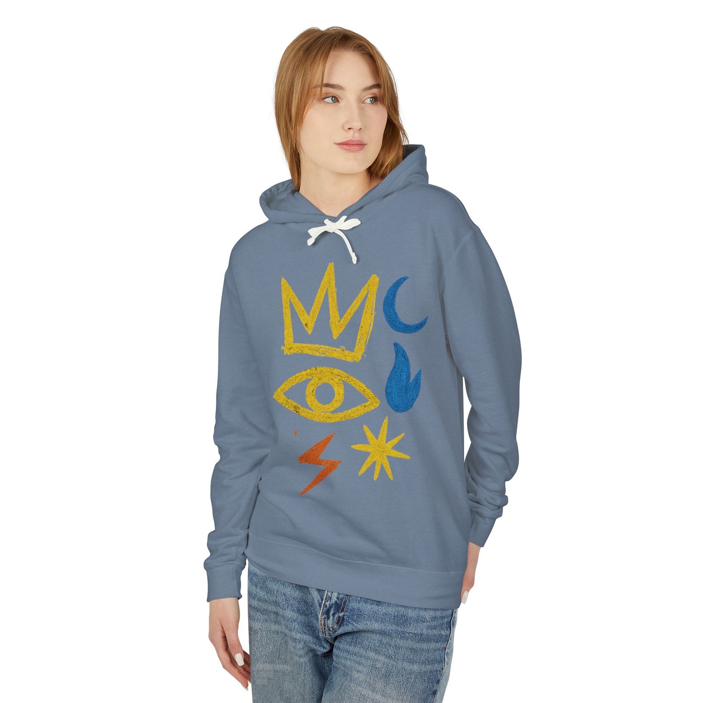 Mystic Symbols Hoodie — Crown, Eye & Celestial Icons Lightweight Pullover