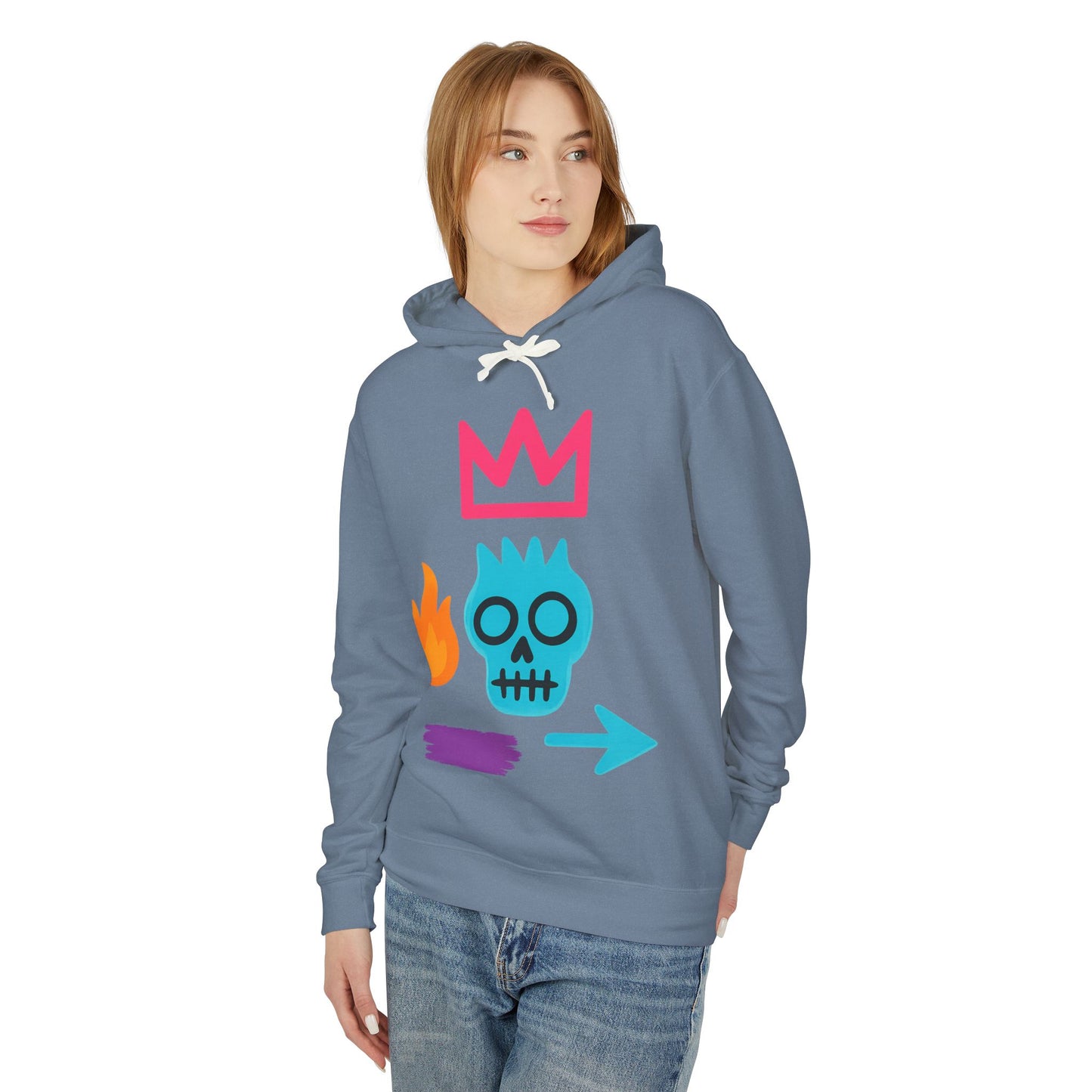 Street Art Skull Hoodie — Retro Neon Graphic Crown & Flame Pullover