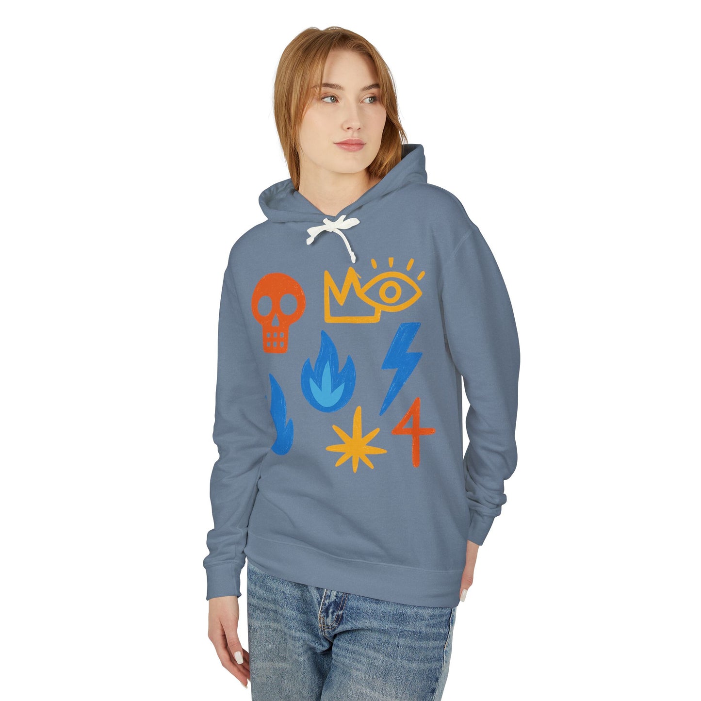 Symbol Icons Hoodie — Abstract Skull, Flame & Lightning Graphic Pullover