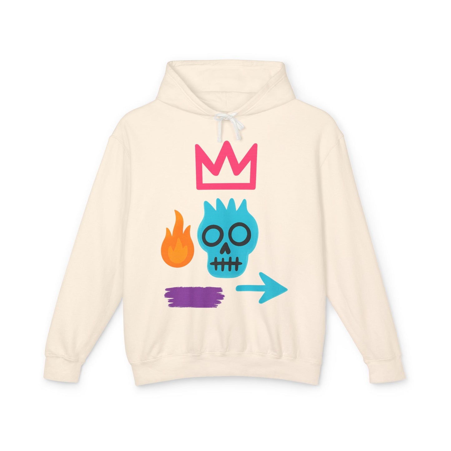 Street Art Skull Hoodie — Retro Neon Graphic Crown & Flame Pullover