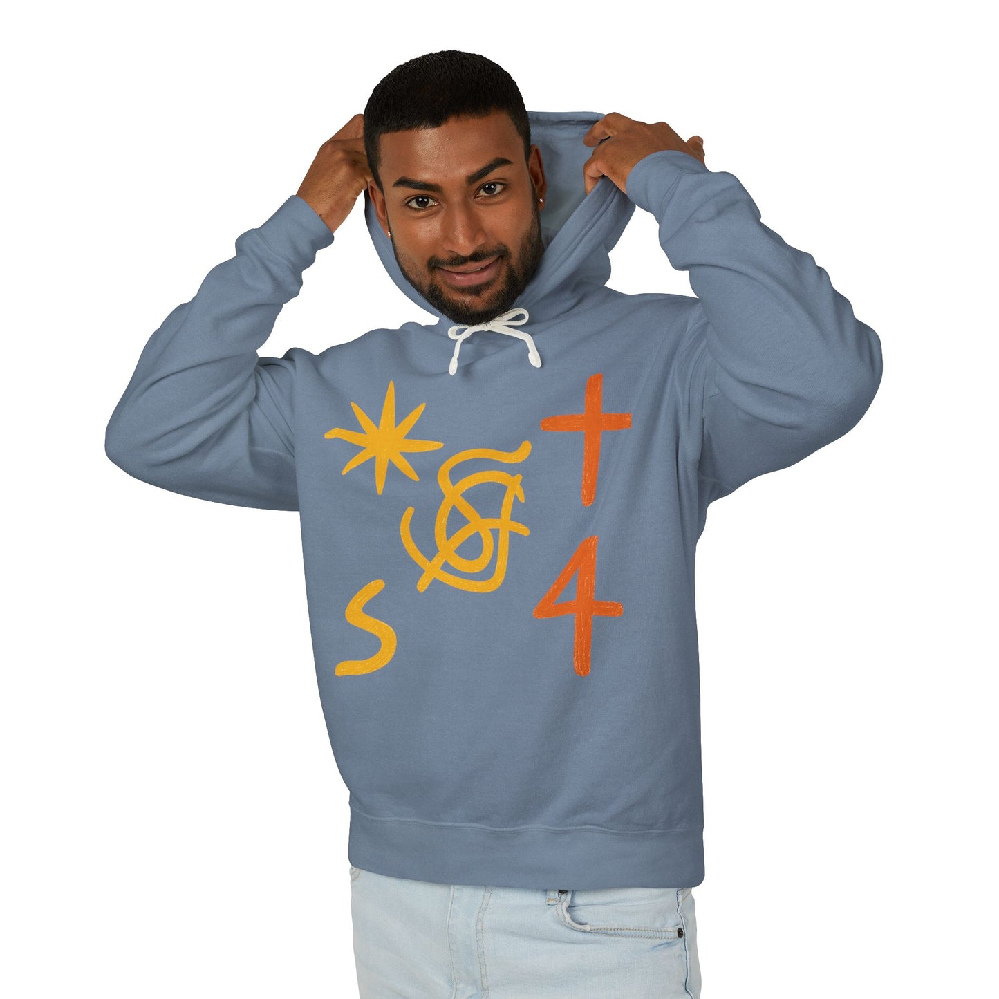 Abstract Symbols Hoodie — Minimalist Sun, Cross & '4' Graphic Lightweight Hooded Sweatshirt