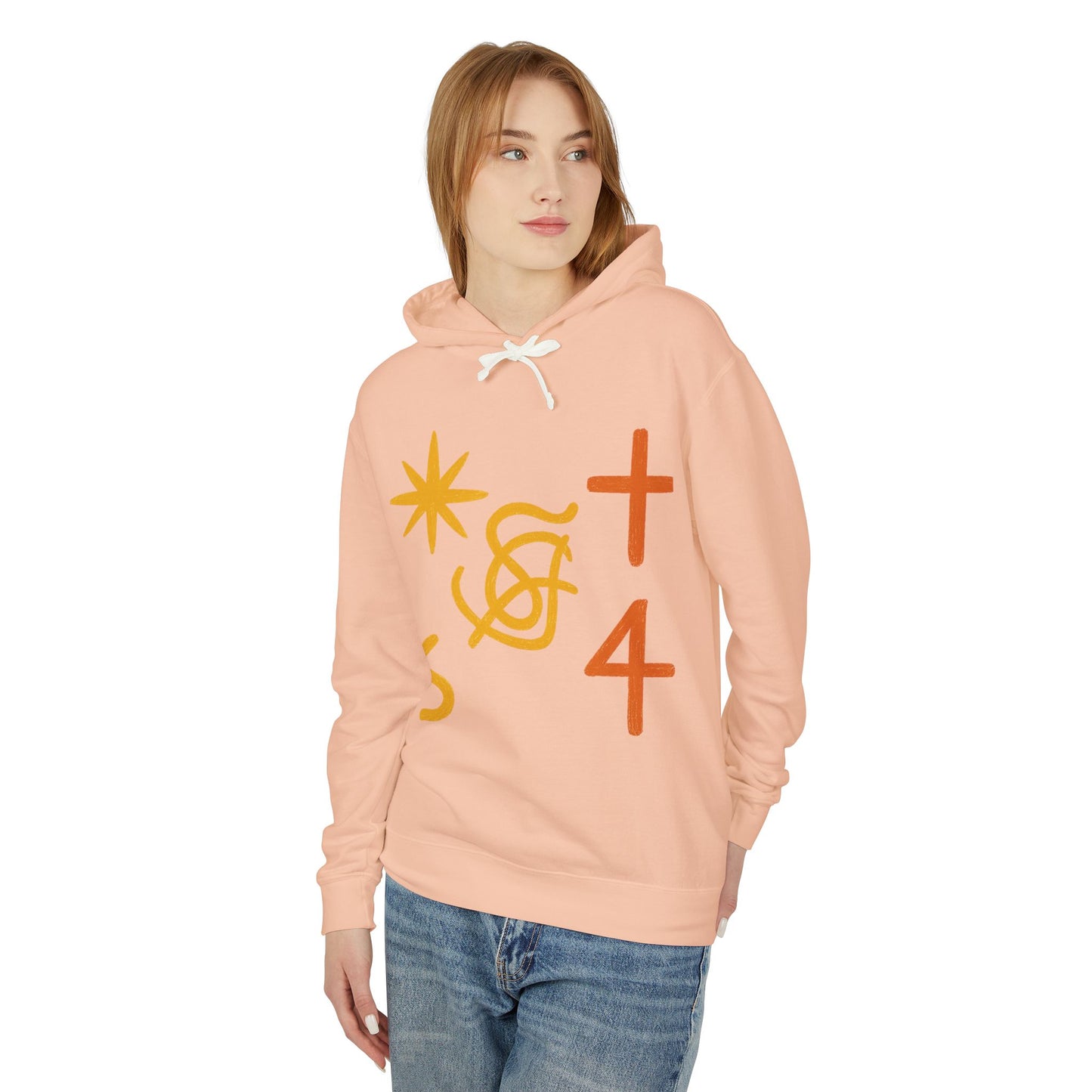 Abstract Symbols Hoodie — Minimalist Sun, Cross & '4' Graphic Lightweight Hooded Sweatshirt