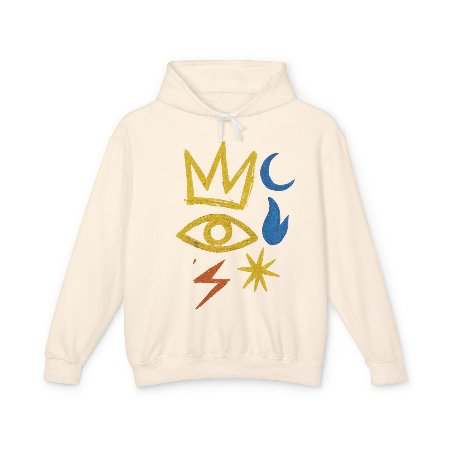 Mystic Symbols Hoodie — Crown, Eye & Celestial Icons Lightweight Pullover