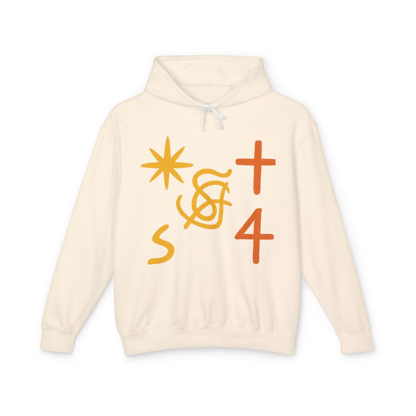 Abstract Symbols Hoodie — Minimalist Sun, Cross & '4' Graphic Lightweight Hooded Sweatshirt
