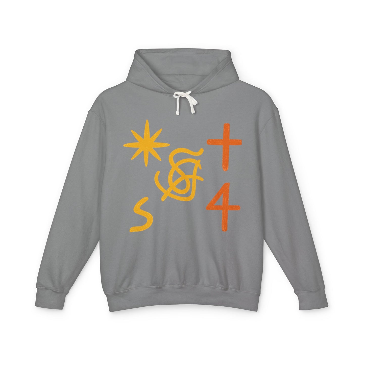Abstract Symbols Hoodie — Minimalist Sun, Cross & '4' Graphic Lightweight Hooded Sweatshirt