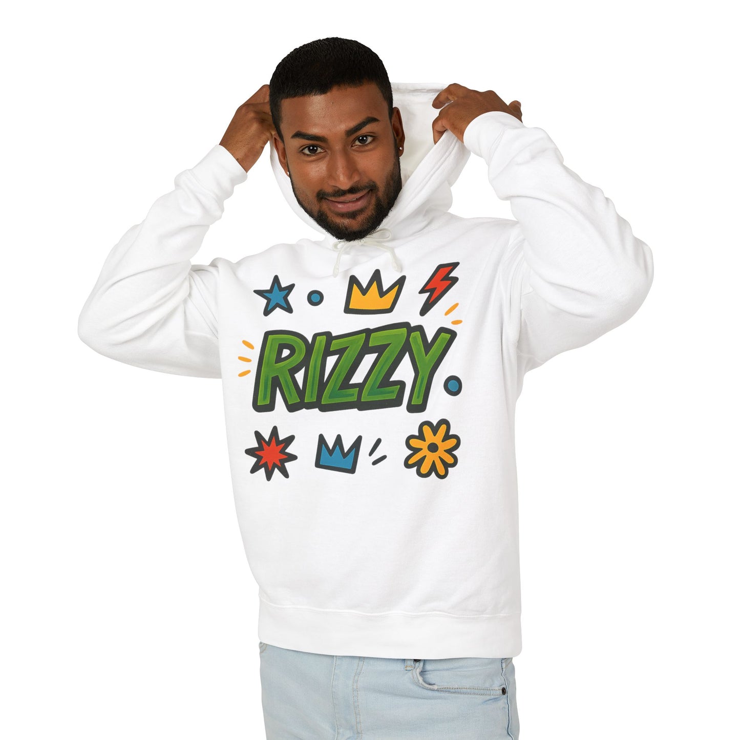 Rizzy Cartoon Graphic Hoodie — Playful Crown & Stars Pullover