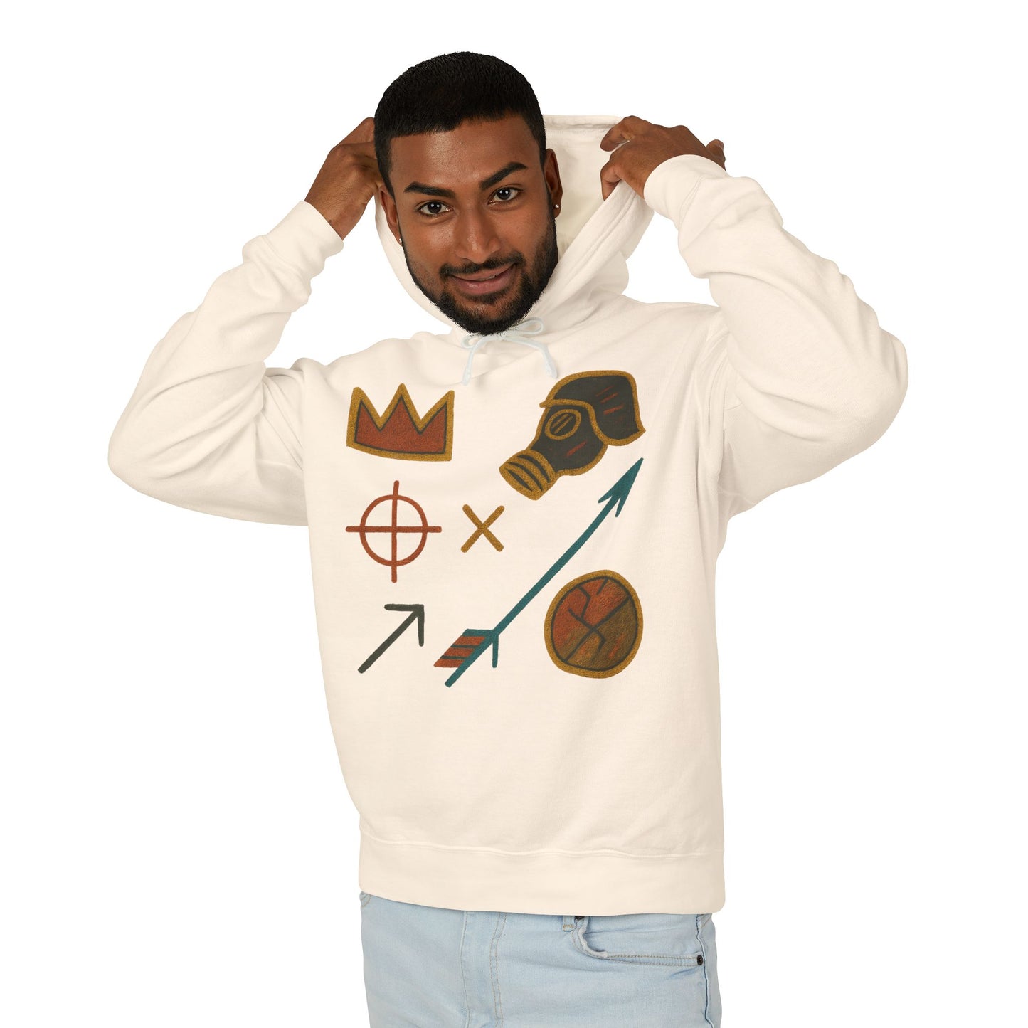 Adventure Emblems Hoodie — Tribal Crown, Gas Mask & Arrow Graphic Sweatshirt