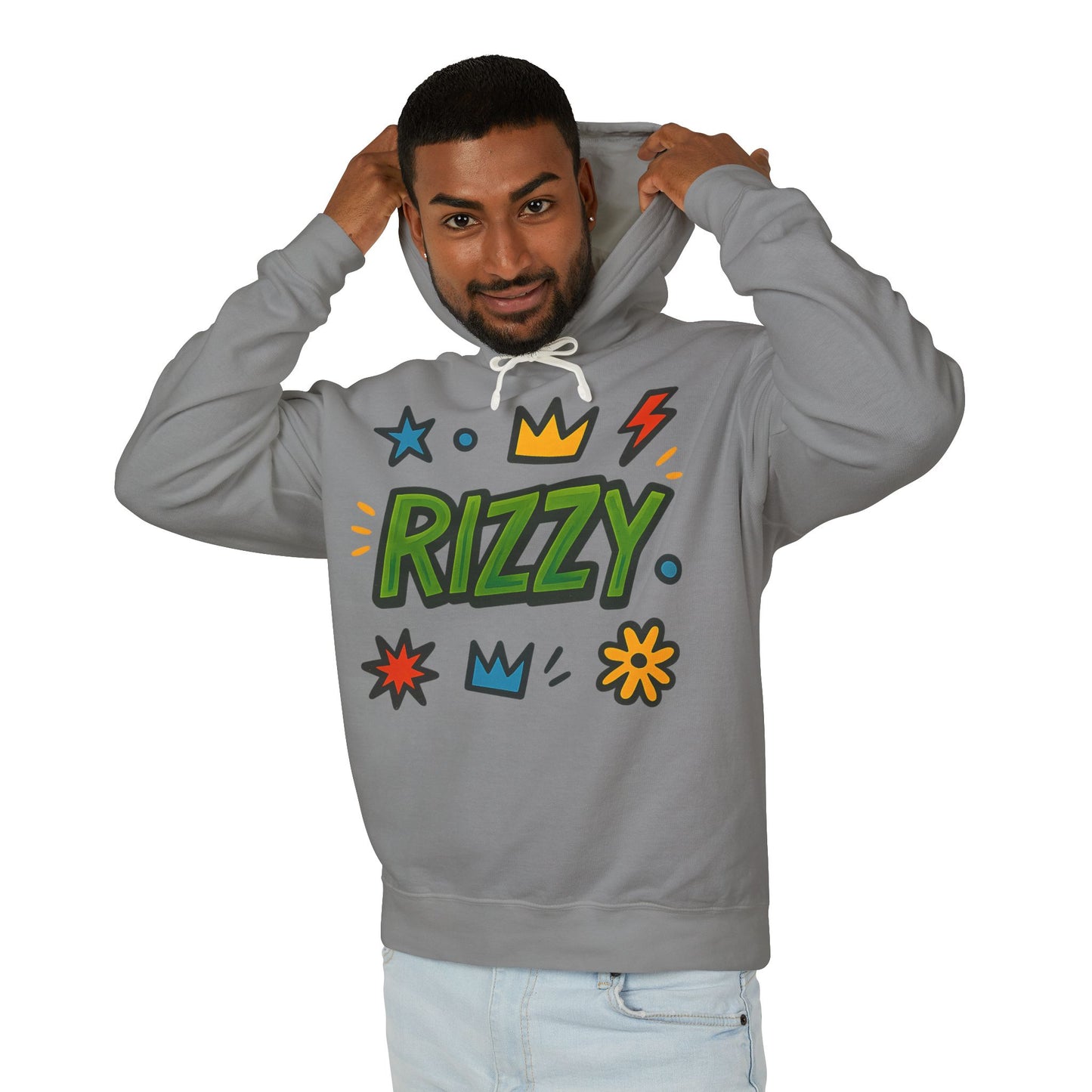 Rizzy Cartoon Graphic Hoodie — Playful Crown & Stars Pullover