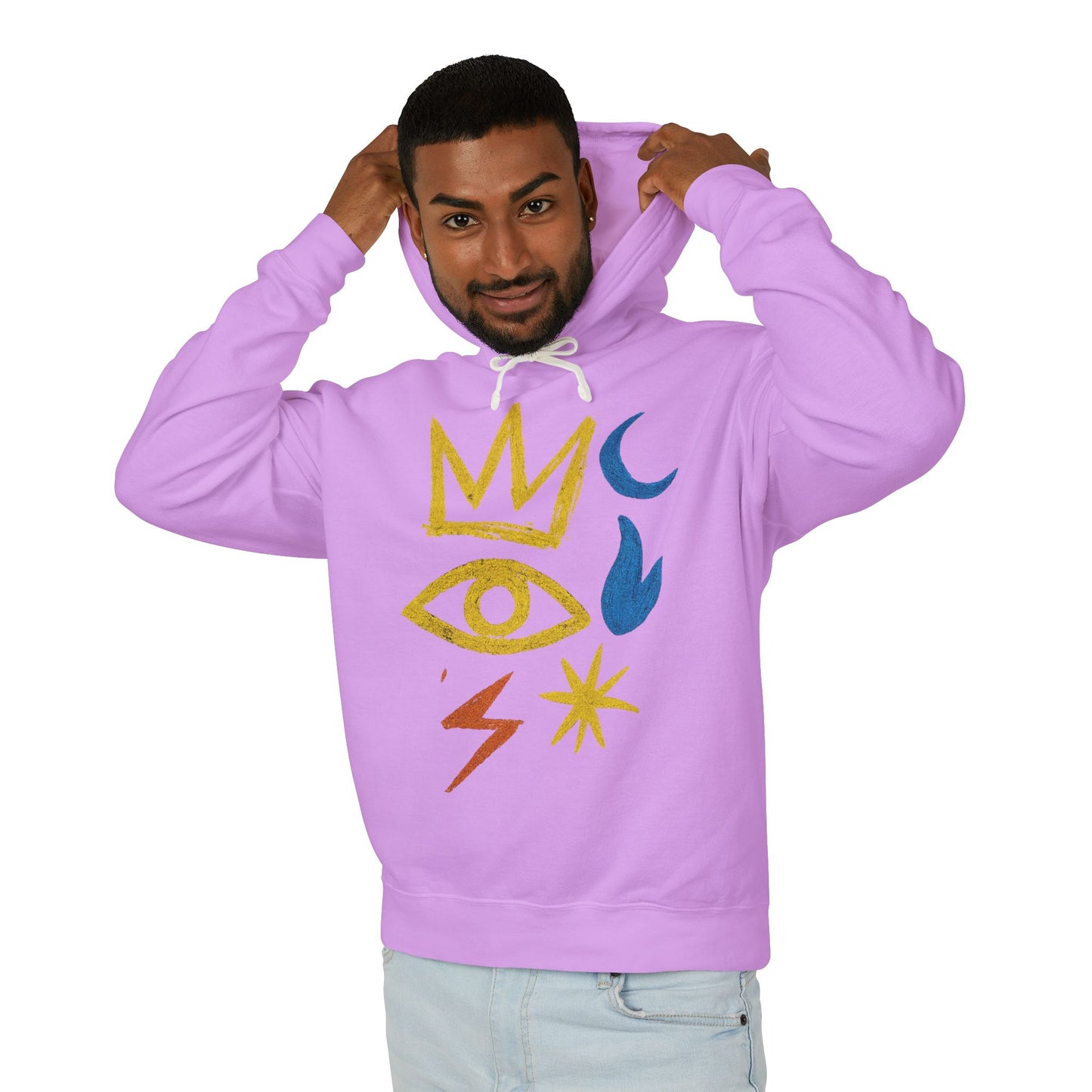 Mystic Symbols Hoodie — Crown, Eye & Celestial Icons Lightweight Pullover