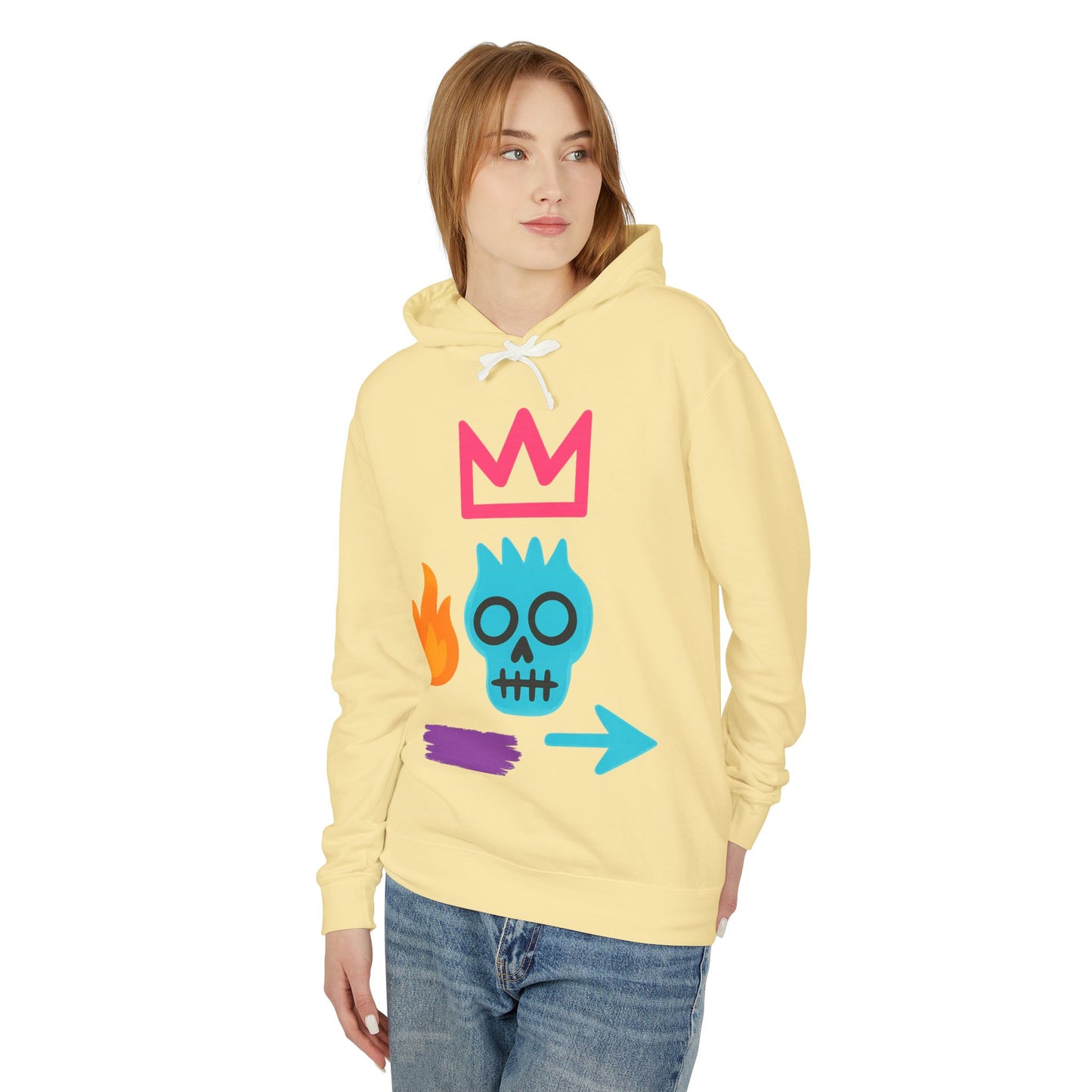 Street Art Skull Hoodie — Retro Neon Graphic Crown & Flame Pullover