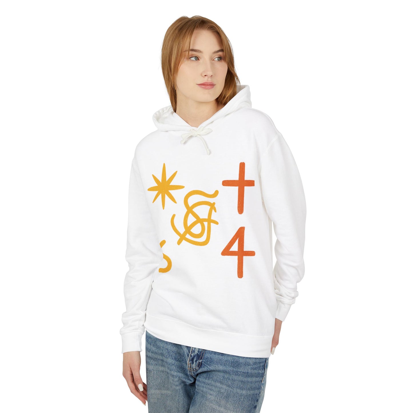 Abstract Symbols Hoodie — Minimalist Sun, Cross & '4' Graphic Lightweight Hooded Sweatshirt
