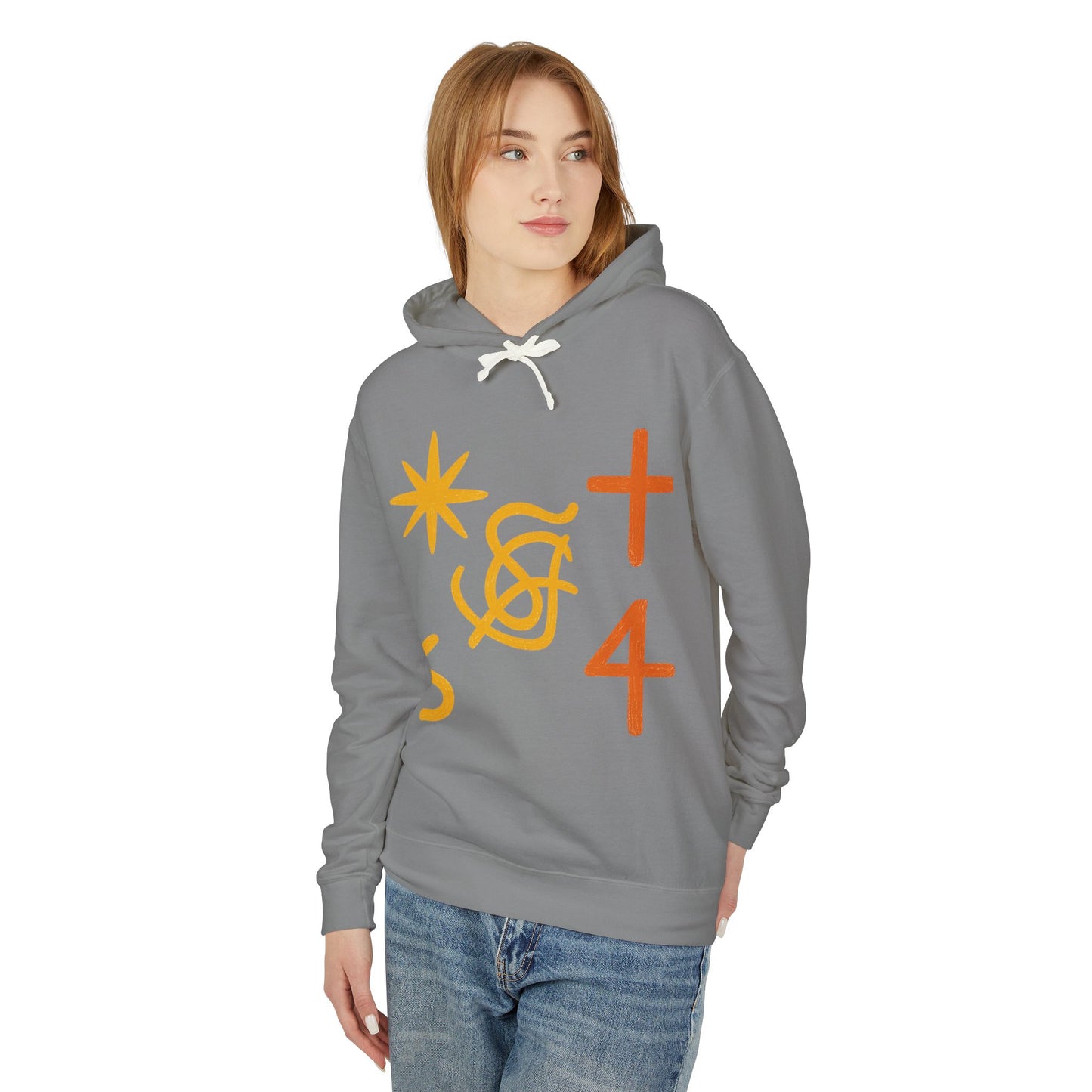 Abstract Symbols Hoodie — Minimalist Sun, Cross & '4' Graphic Lightweight Hooded Sweatshirt