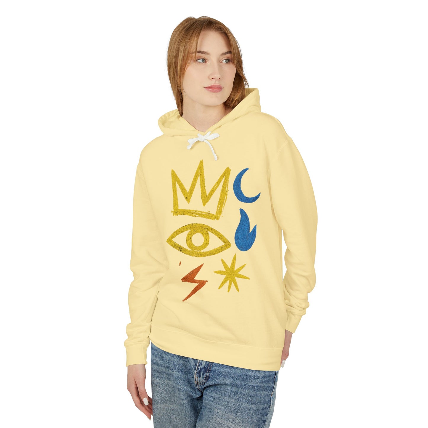 Mystic Symbols Hoodie — Crown, Eye & Celestial Icons Lightweight Pullover