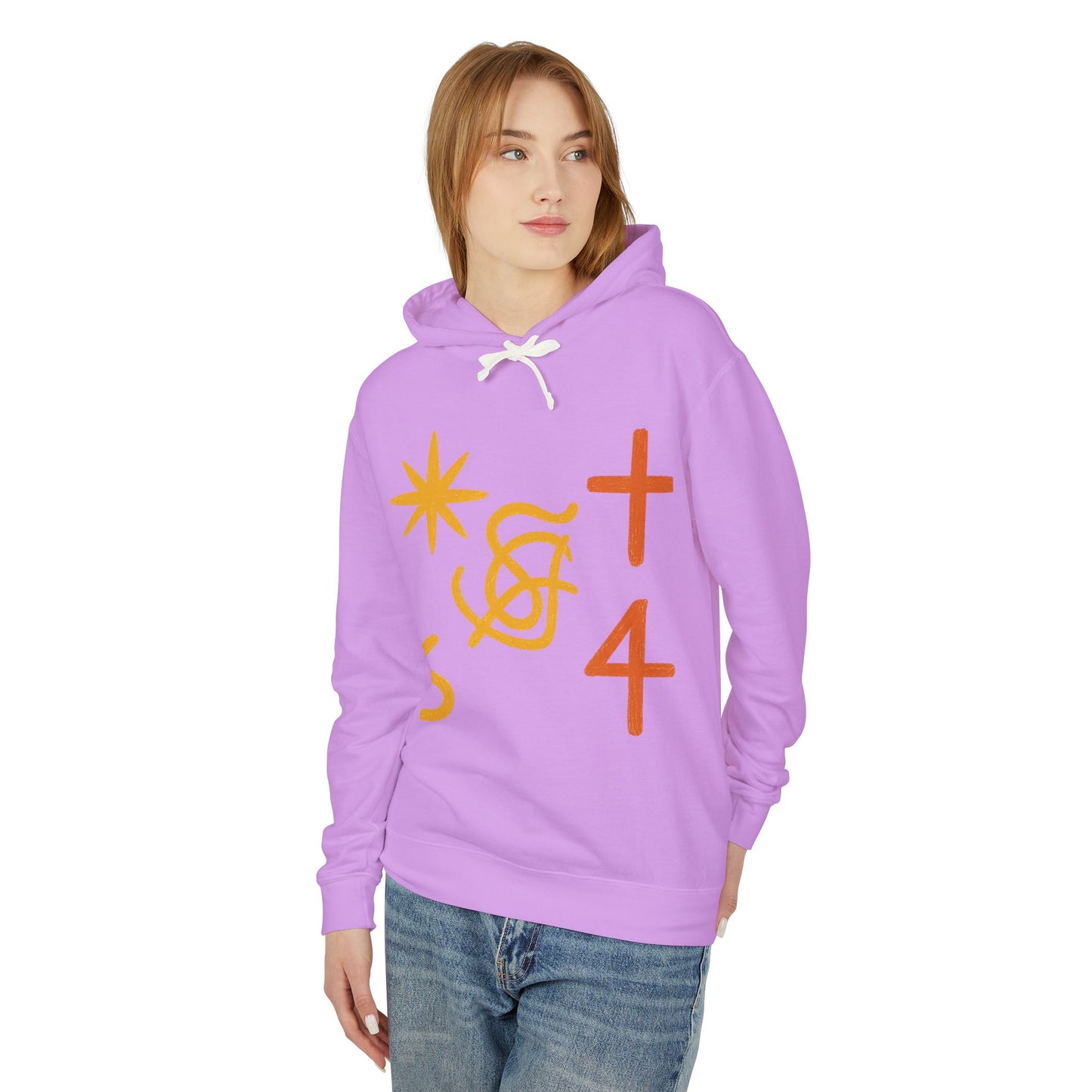 Abstract Symbols Hoodie — Minimalist Sun, Cross & '4' Graphic Lightweight Hooded Sweatshirt