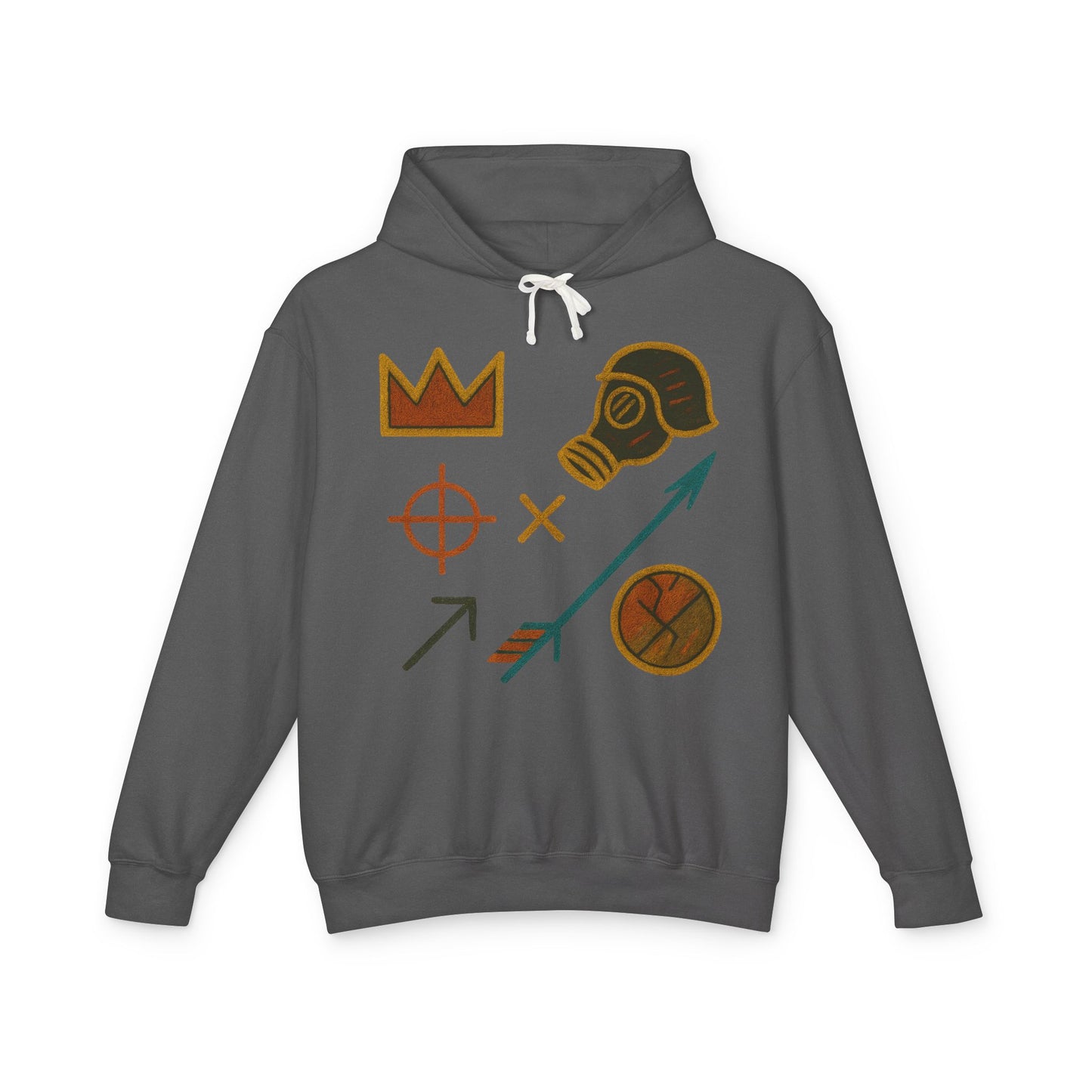 Adventure Emblems Hoodie — Tribal Crown, Gas Mask & Arrow Graphic Sweatshirt