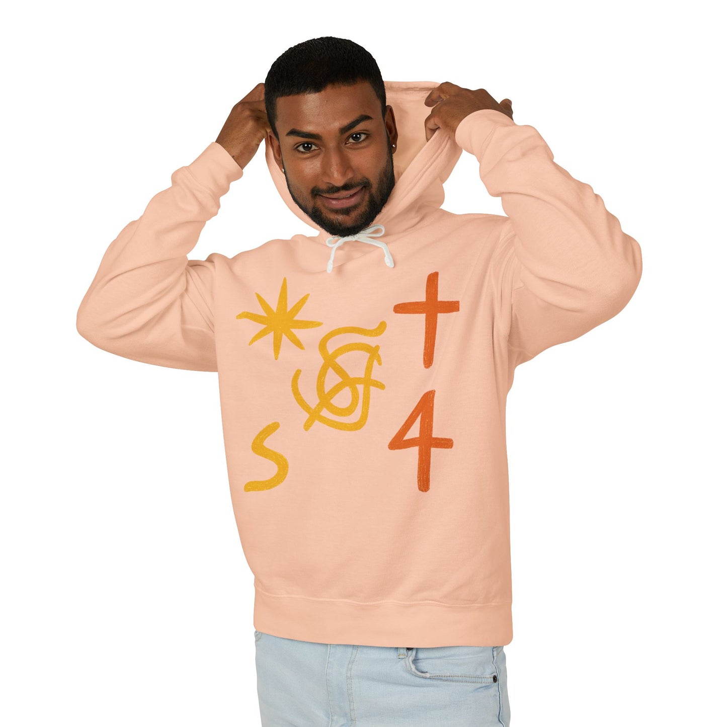 Abstract Symbols Hoodie — Minimalist Sun, Cross & '4' Graphic Lightweight Hooded Sweatshirt