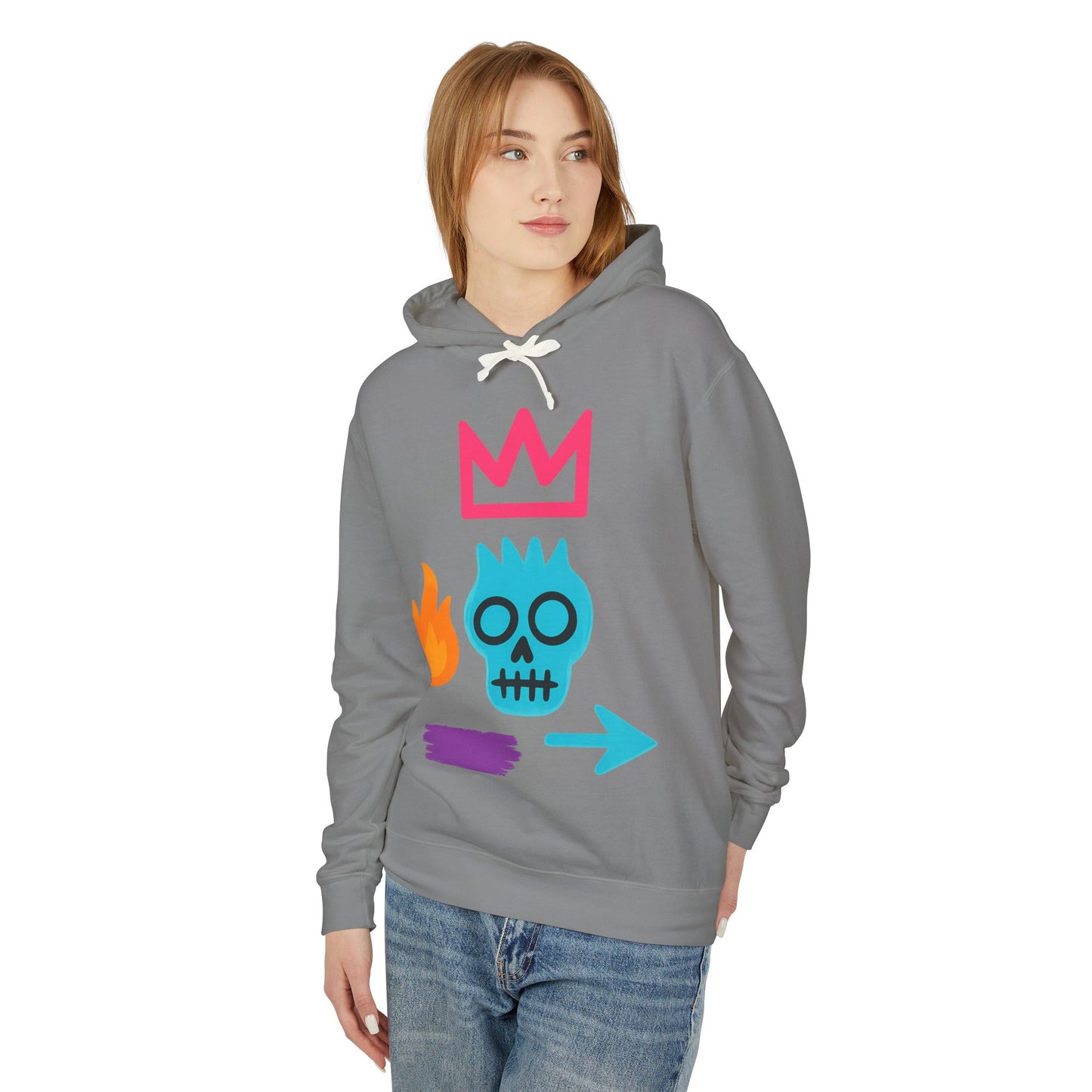 Street Art Skull Hoodie — Retro Neon Graphic Crown & Flame Pullover