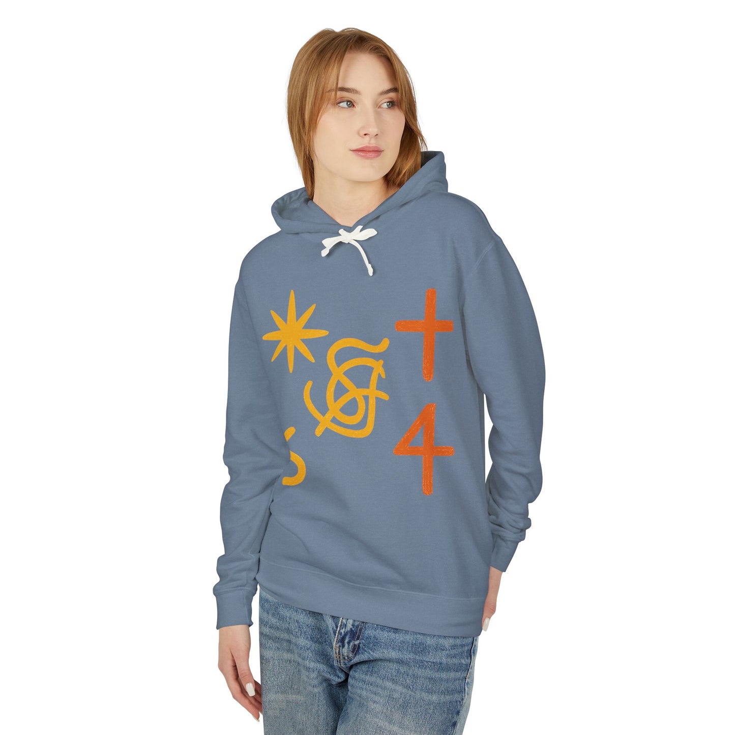 Abstract Symbols Hoodie — Minimalist Sun, Cross & '4' Graphic Lightweight Hooded Sweatshirt