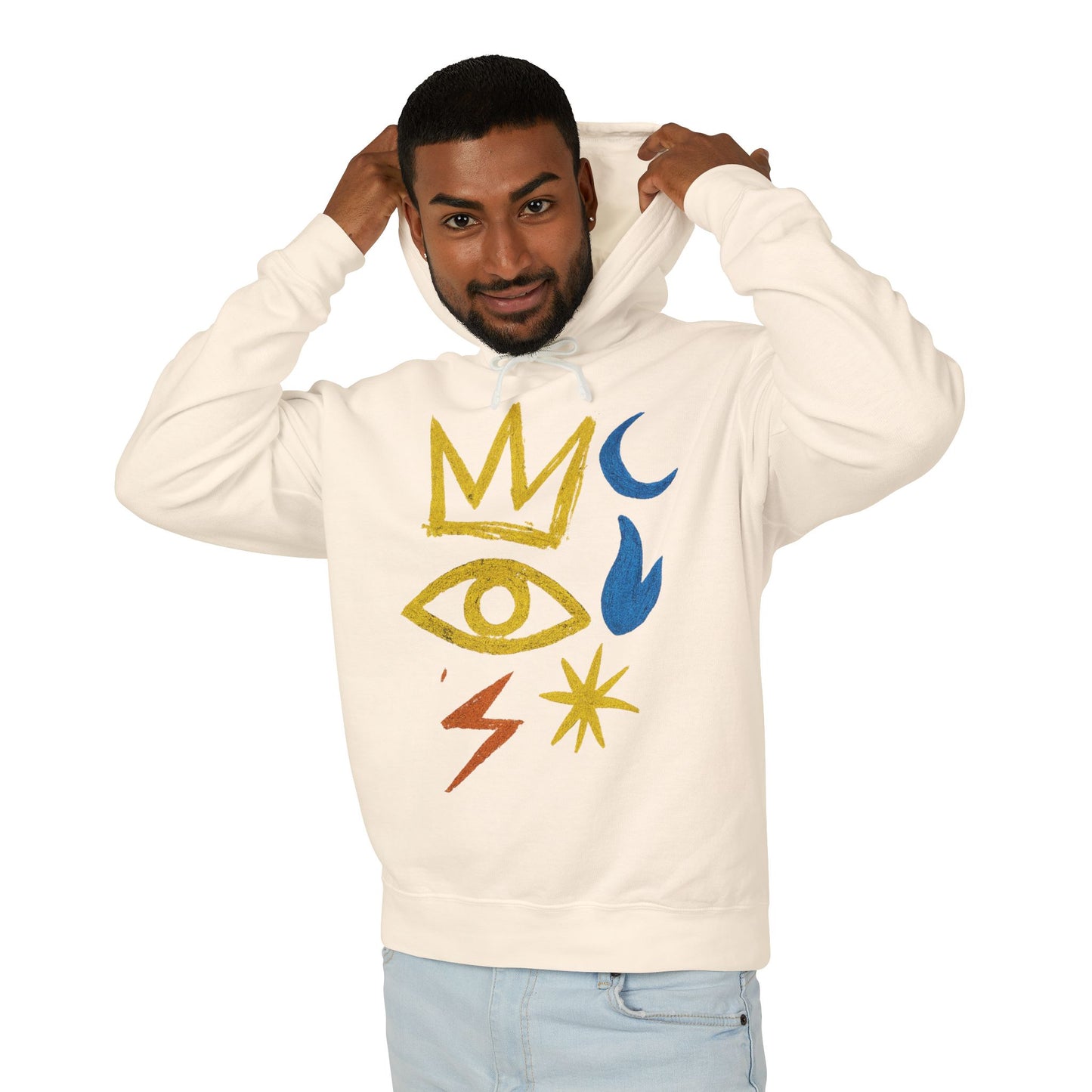 Mystic Symbols Hoodie — Crown, Eye & Celestial Icons Lightweight Pullover