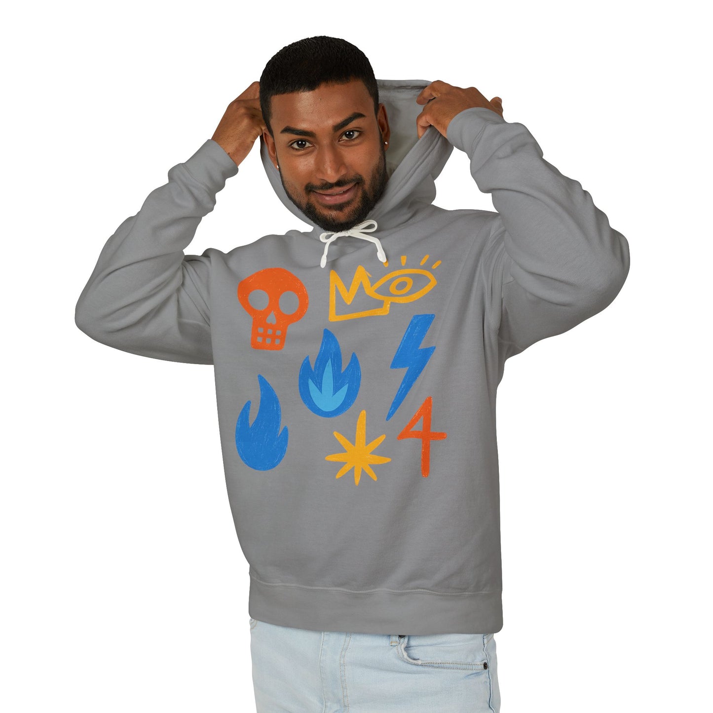 Symbol Icons Hoodie — Abstract Skull, Flame & Lightning Graphic Pullover